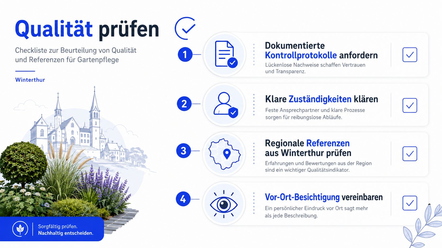 Eine Checkliste zur Qualitätssicherung für die Wahl eines professionellen Gartenpflege-Unternehmens in Winterthur mit vier wichtigen Schritten.