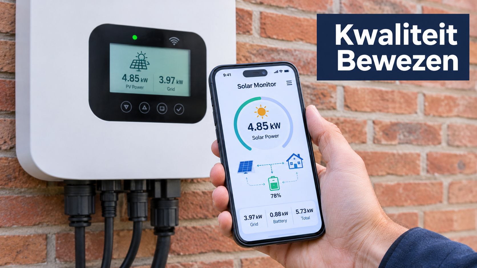 Een hand houdt een smartphone met een zonnepanelen monitor-app voor een zonne-energie omvormer op een bakstenen muur.