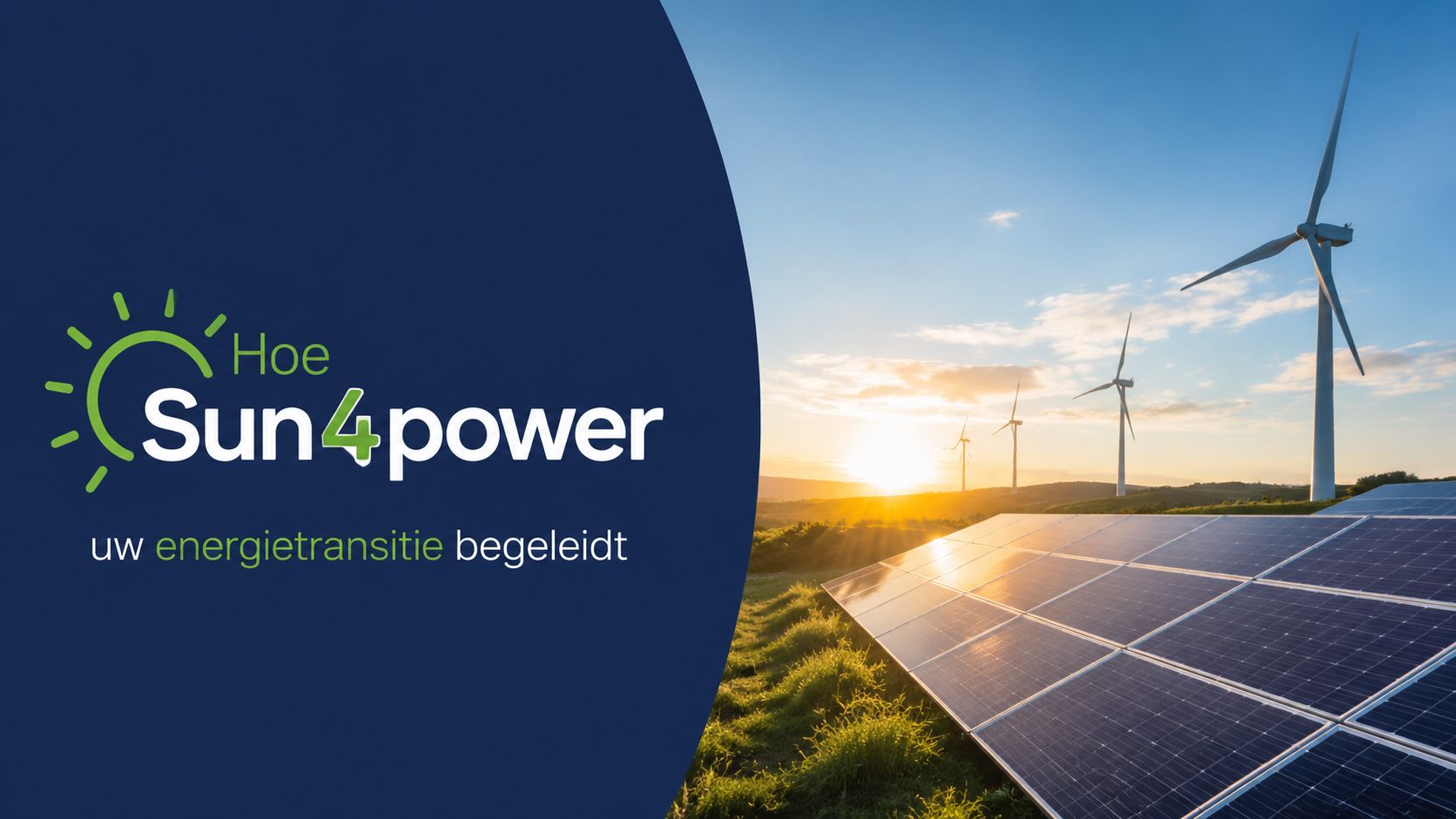 Een zonnepark met windmolens bij zonsopgang voor advies over uw persoonlijke energietransitie door Sun4power.