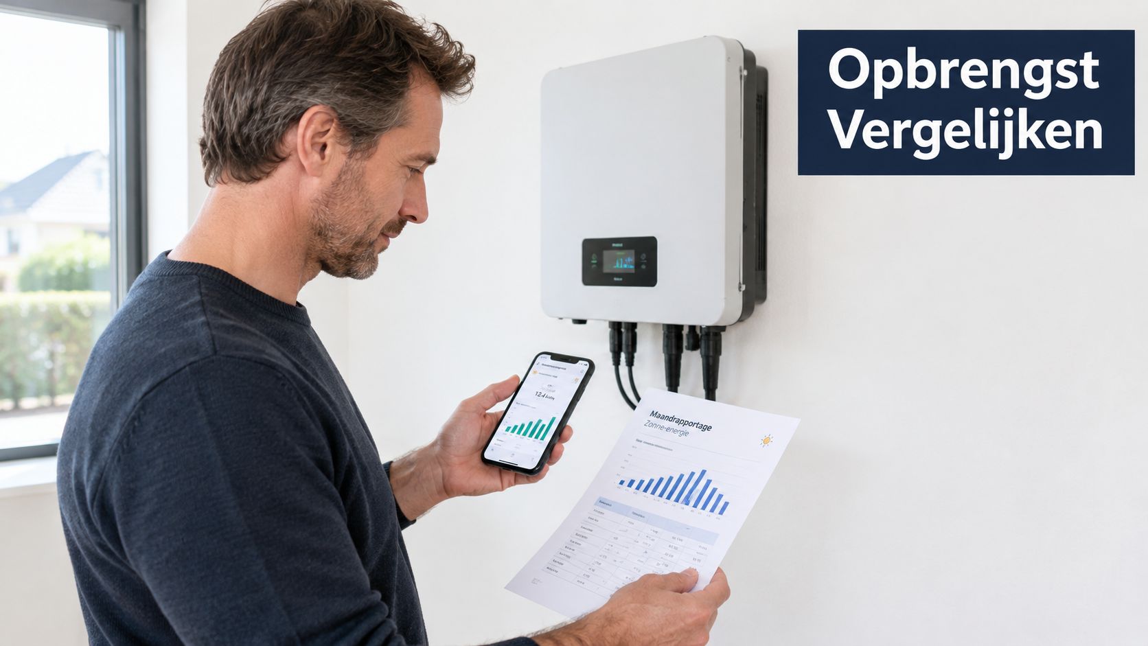 Een man bekijkt de energieopbrengst van zijn zonnepanelen via een smartphone en een maandrapport op papier.