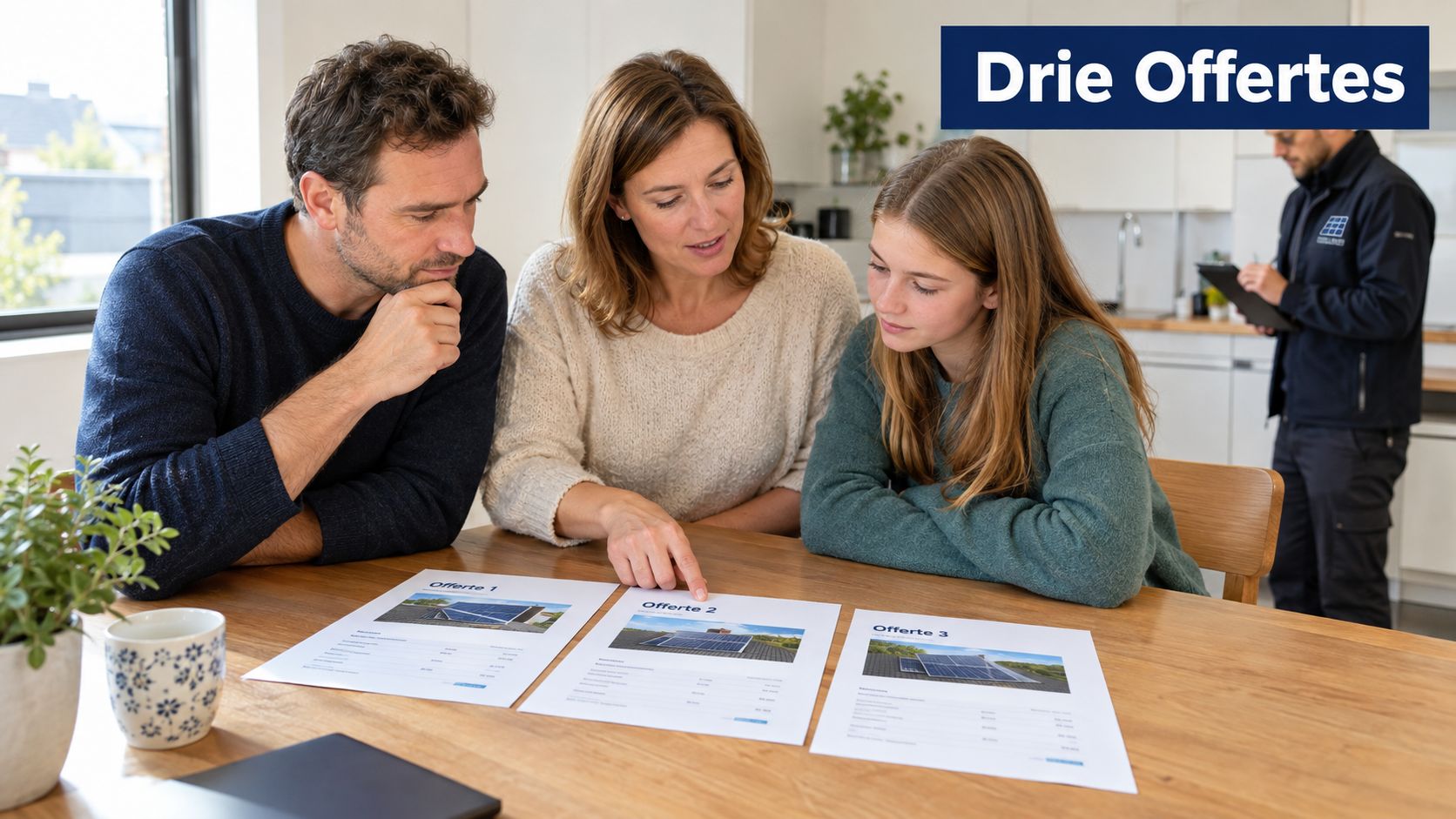 Een gezin bekijkt aan een houten tafel drie verschillende offertes voor zonnepanelen met een adviseur op achtergrond.