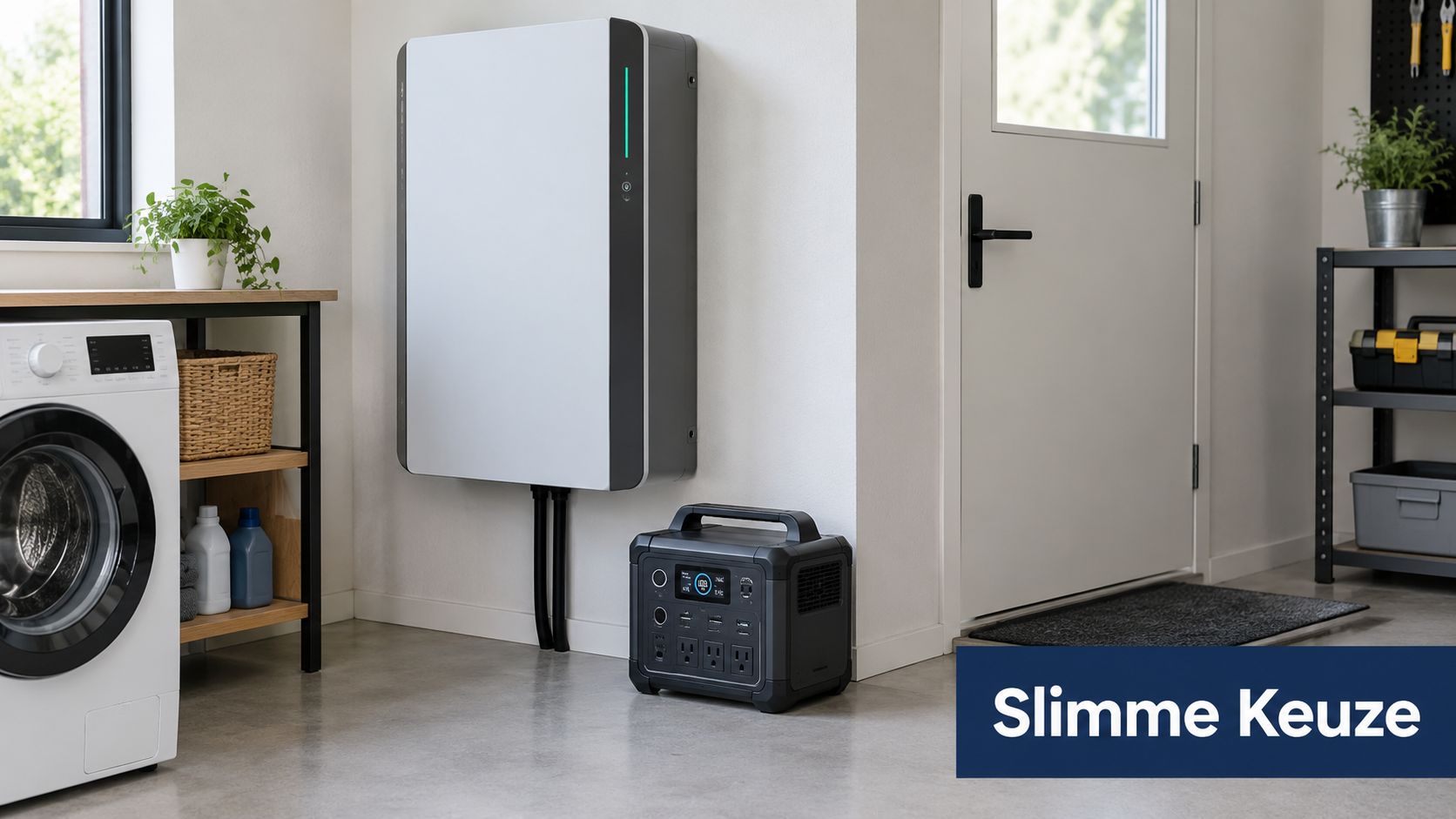 Een moderne thuisbatterij aan de muur met een draagbaar powerstation voor energieopslag in een huishoudelijke bijkeuken.