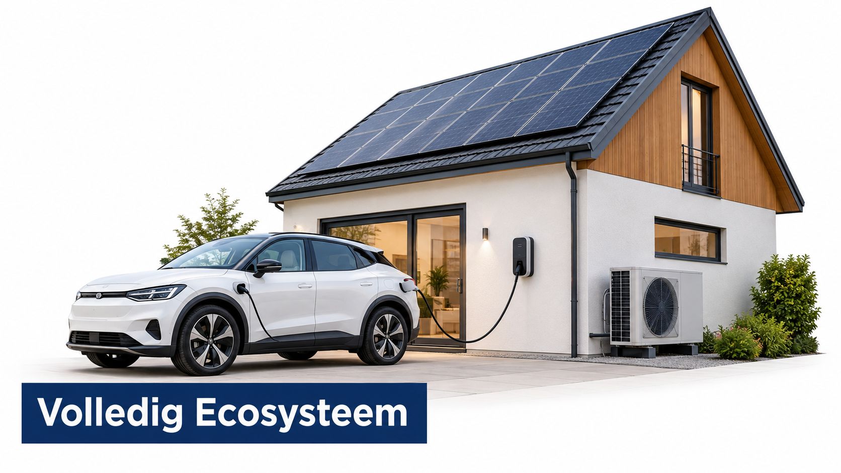 Een modern huis met zonnepanelen, een elektrische auto aan de laadpaal en een warmtepomp voor energie-efficiëntie.