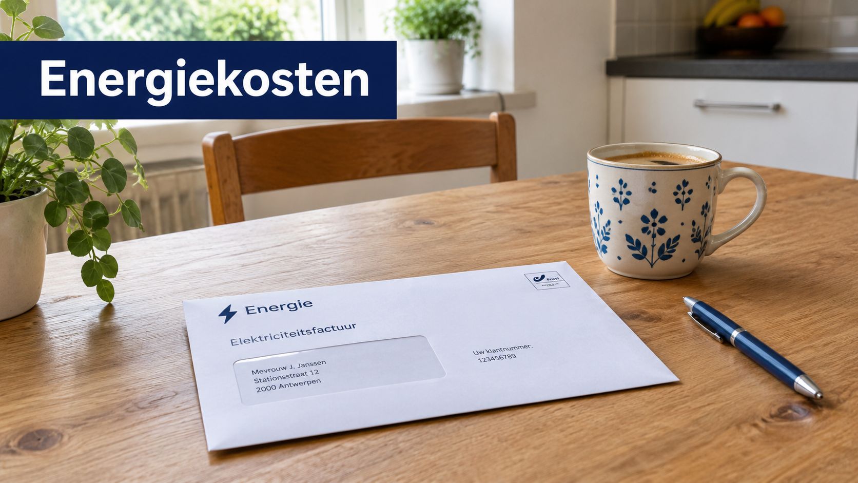 Een envelop met een elektriciteitsfactuur ligt op een houten tafel naast een kop koffie en een pen.