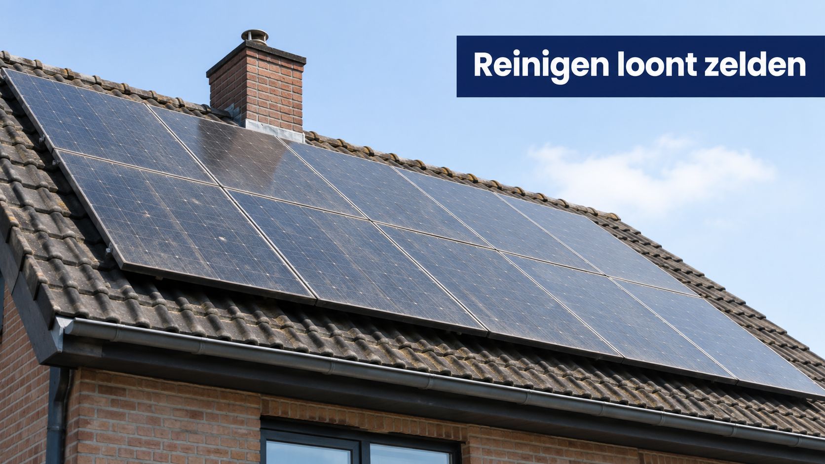 Een huis met zonnepanelen op het dak onder een blauwe lucht met de tekst Reinigen loont zelden.