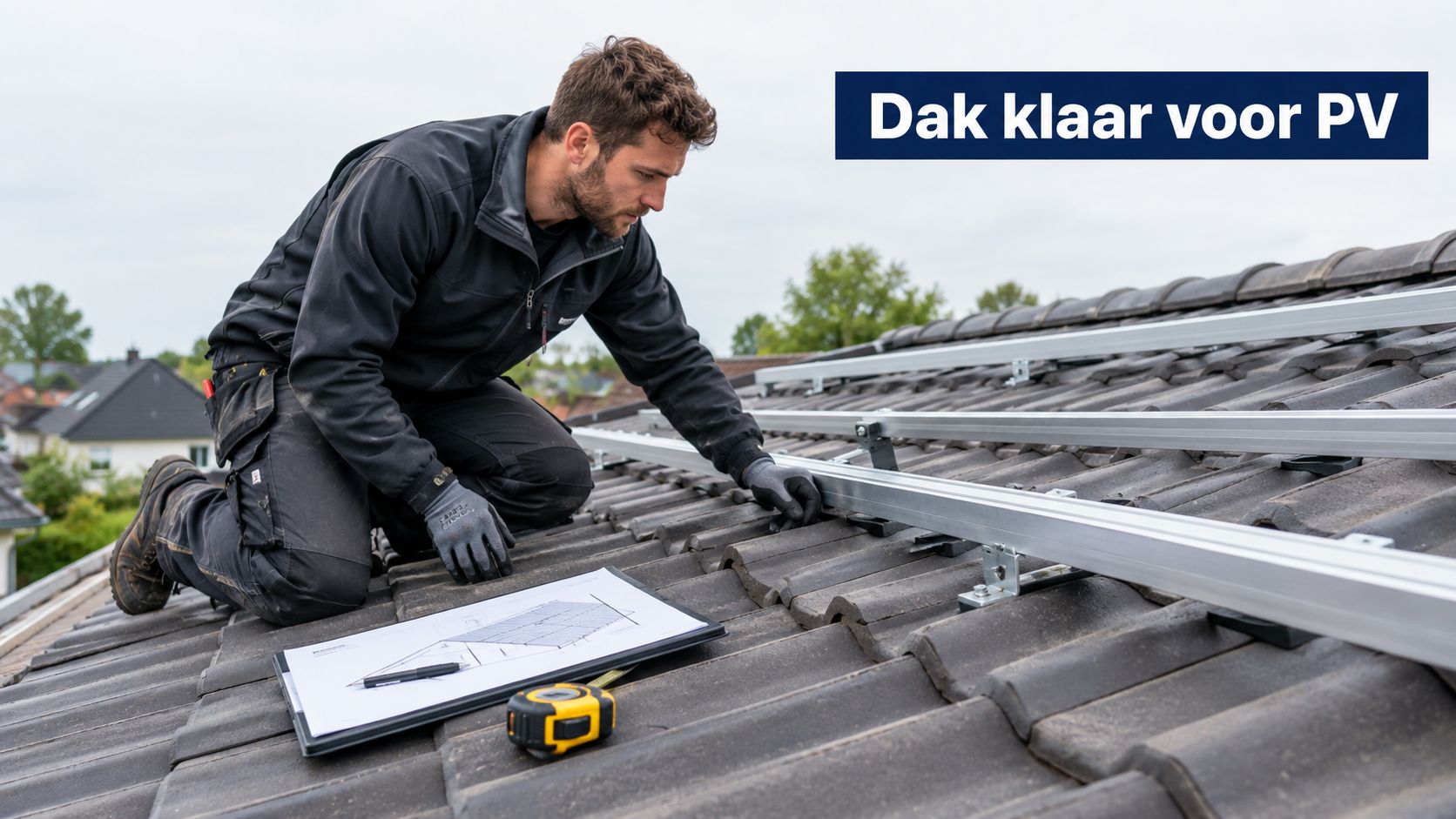 Een technicus controleert een dak voor de installatie van zonnepanelen met een bouwtekening en meetgereedschap in de hand.