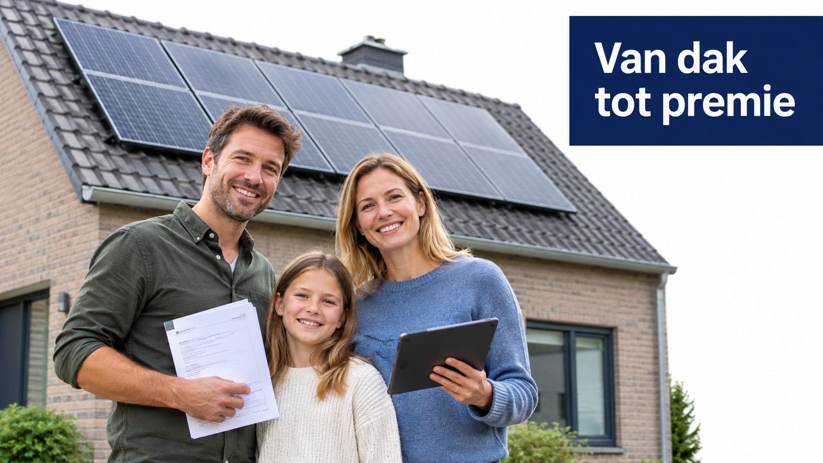 Een gelukkig gezin staat voor een huis met zonnepanelen en bekijkt documenten en een tablet.