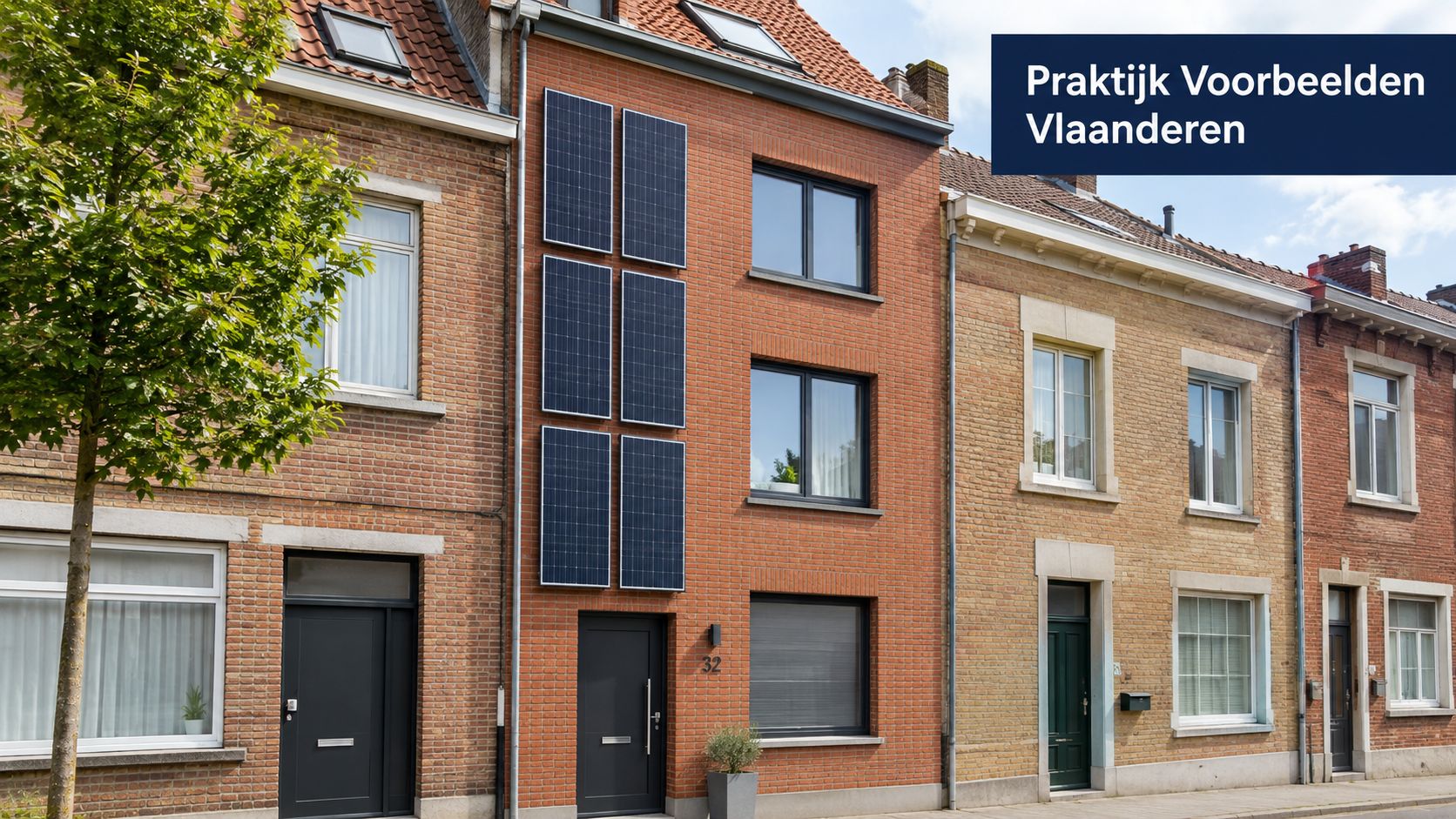 Een bakstenen rijwoning in Vlaanderen met verticaal geplaatste zonnepanelen op de voorgevel tussen de ramen.