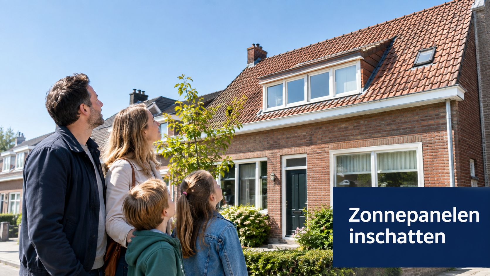 Een gezin kijkt omhoog naar hun huis om te beoordelen of het dak geschikt is voor zonnepanelen.