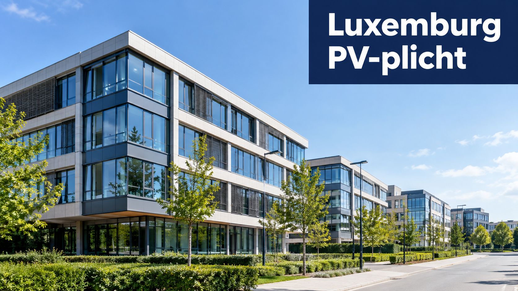 Modern kantoorgebouw in Luxemburg met een blauwe tekst overlay over de verplichte zonnepanelen voor bedrijven.