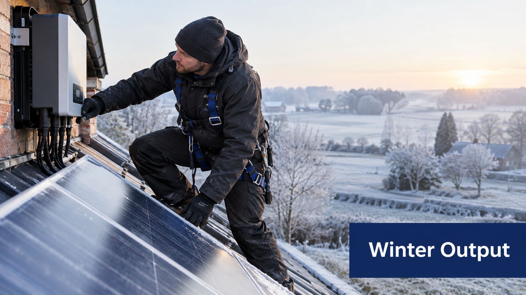 Een installateur inspecteert een omvormer van zonnepanelen op een besneeuwd dak tijdens een koude winterdag.