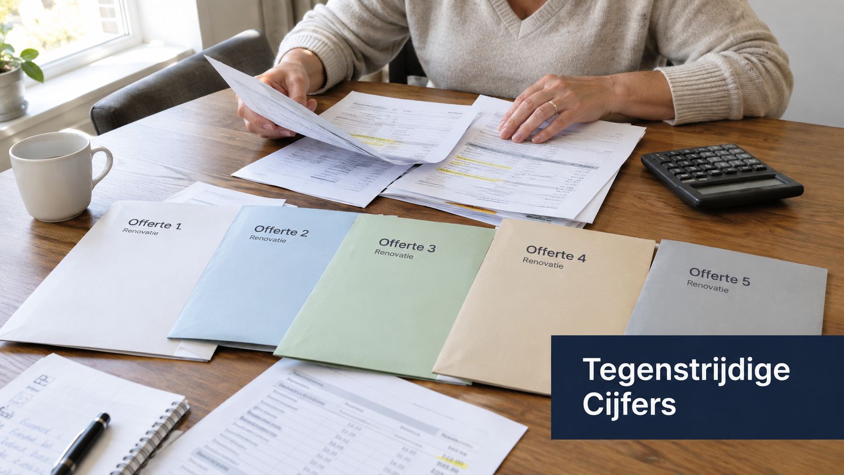 Een persoon bekijkt verschillende offertes voor renovatie aan een houten tafel met rekenmachine en documenten.