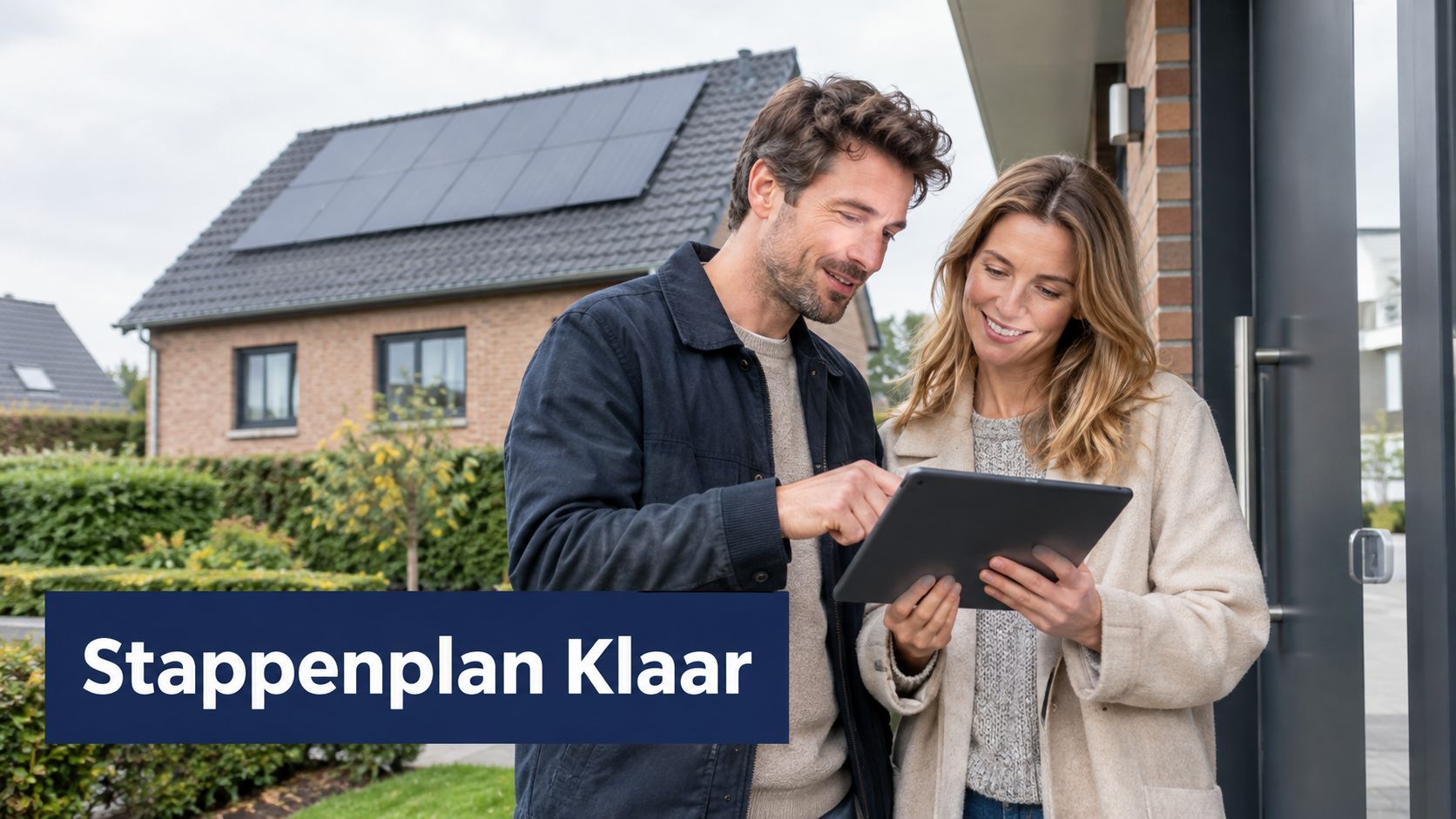 Een koppel kijkt samen op een tablet voor een woning met zonnepanelen op het dak.