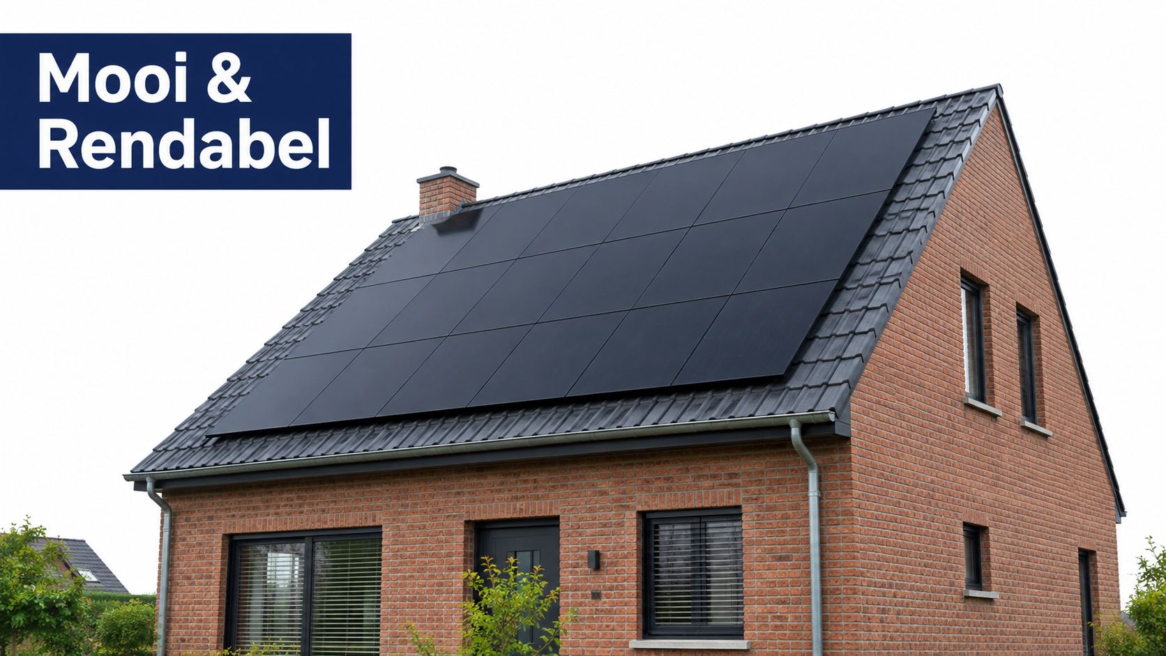 Een moderne bakstenen woning met een esthetisch dak volledig bedekt door zwarte zonnepanelen voor duurzame energie.