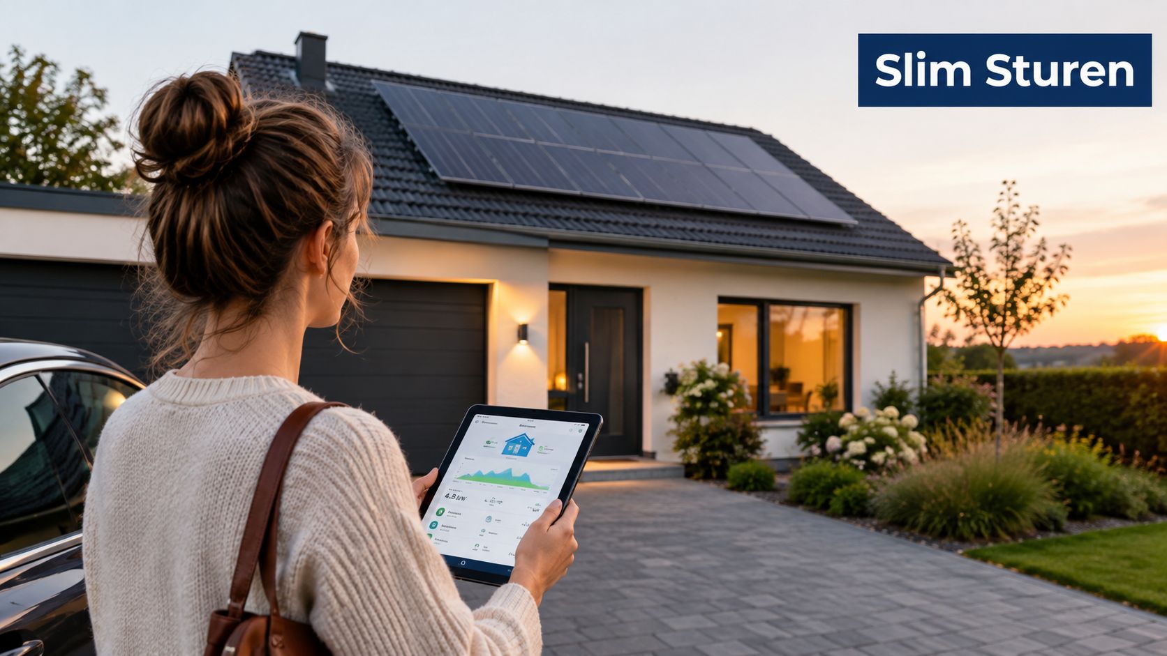 Een vrouw bedient haar slimme zonnepanelen via een tablet voor een modern huis bij zonsondergang.