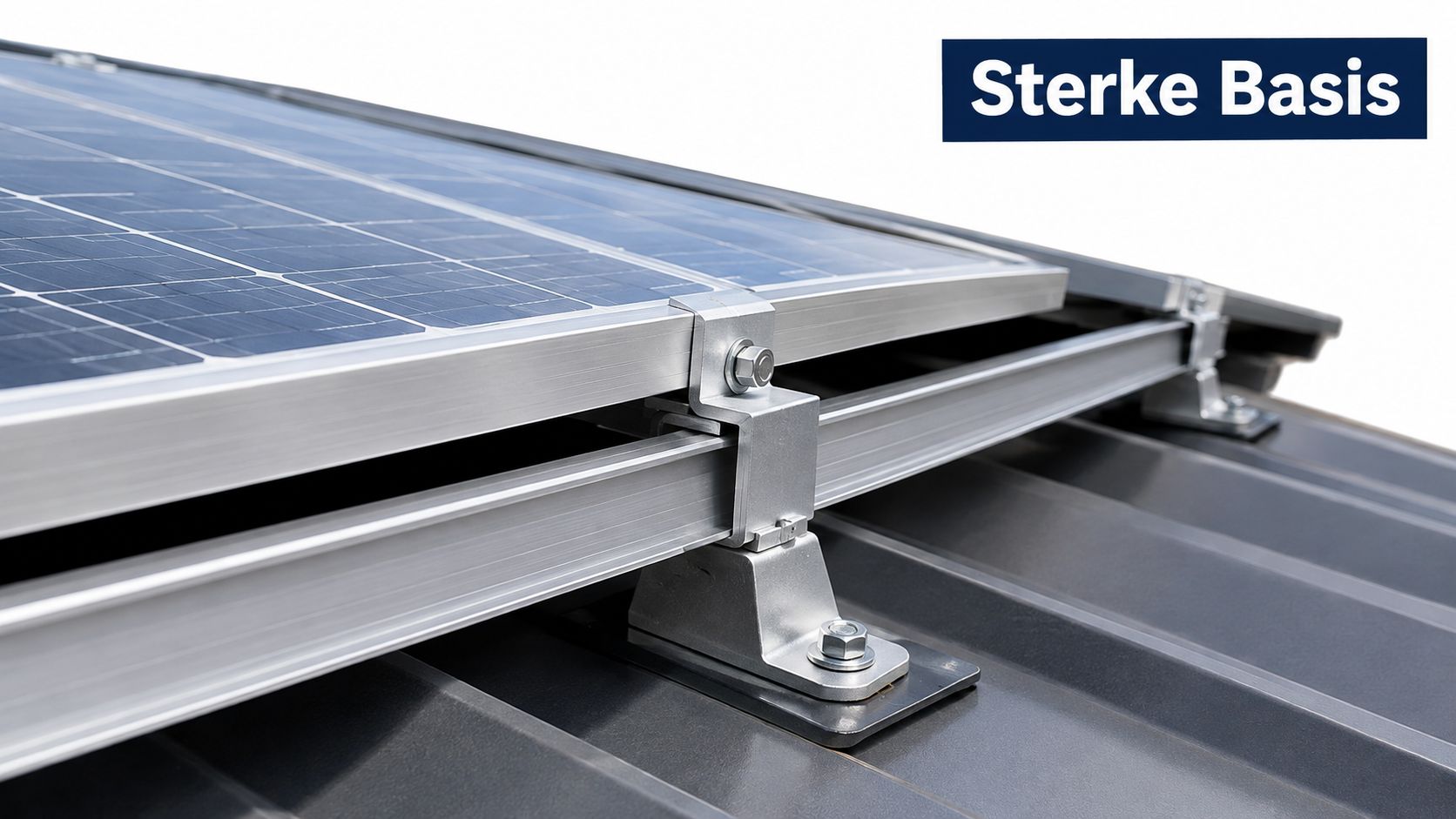 Een robuust aluminium montagesysteem bevestigt zonnepanelen stevig op een modern metalen dak met duurzame profielen.