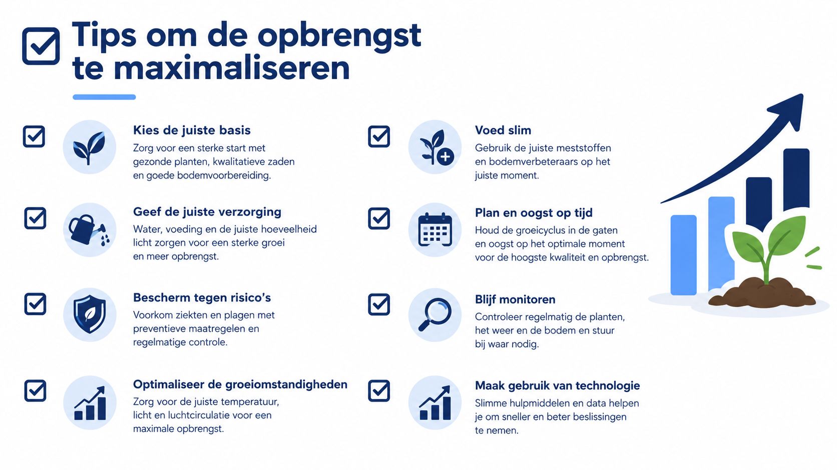 Een informatieve infographic met acht praktische tips voor het maximaliseren van de opbrengst in de tuin.