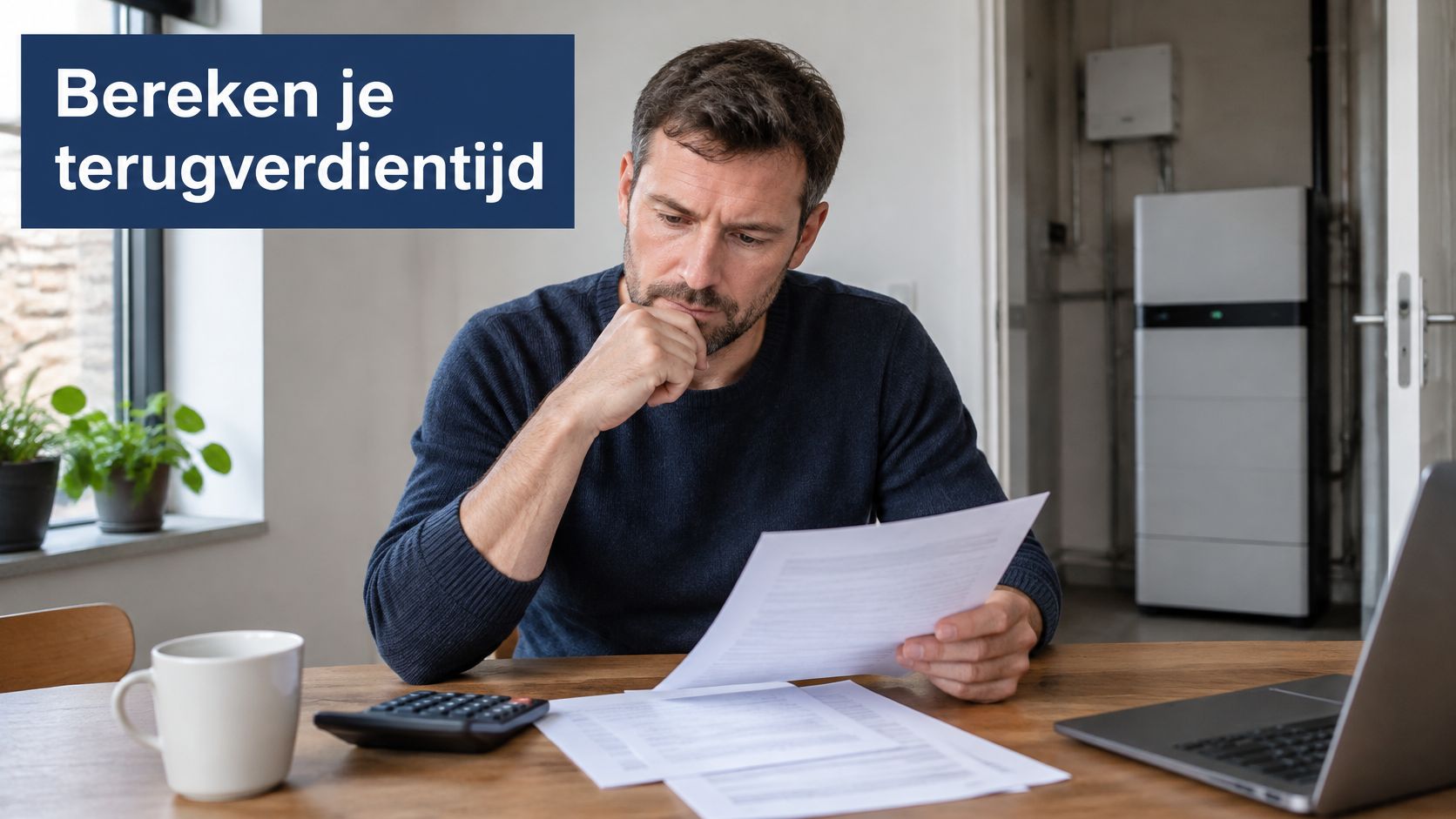 Een man kijkt bezorgd naar papieren en een rekenmachine terwijl hij zijn terugverdientijd voor energie berekent.