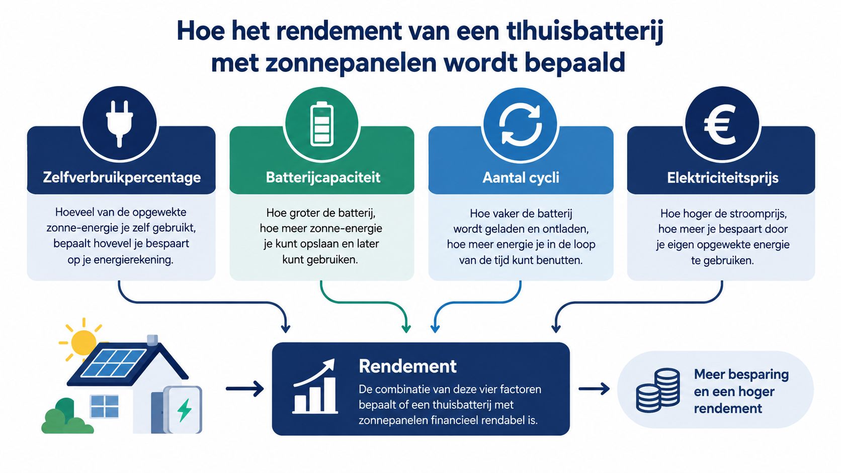 Een infographic die de vier factoren toont die het rendement van een thuisbatterij met zonnepanelen bepalen.