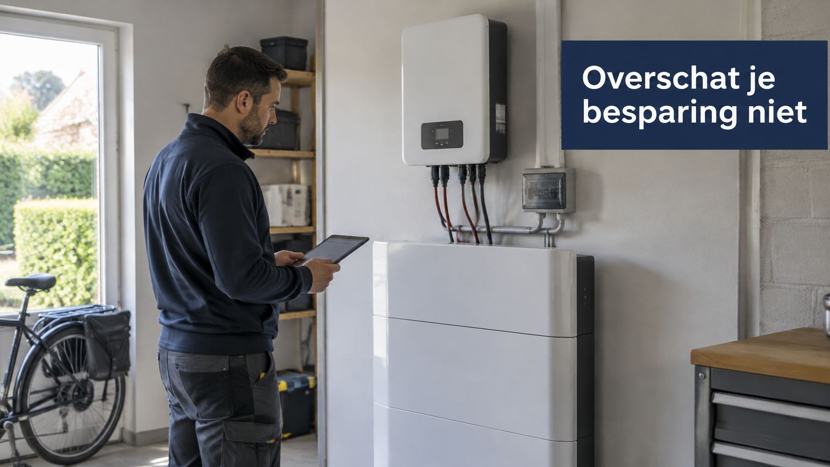 Een technicus inspecteert een huisbatterij en omvormer met een tablet in een garage in Wallonië.
