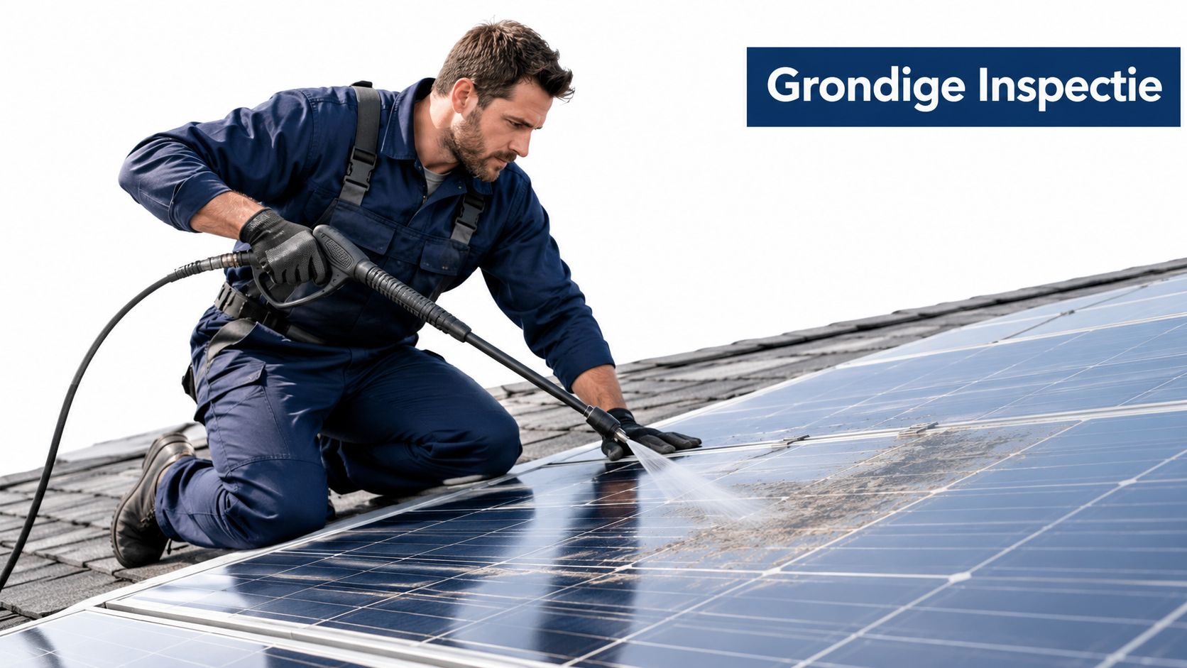 Een professionele technicus in blauwe werkkleding reinigt zonnepanelen op een dak met een hogedrukspuit voor optimaal onderhoud.