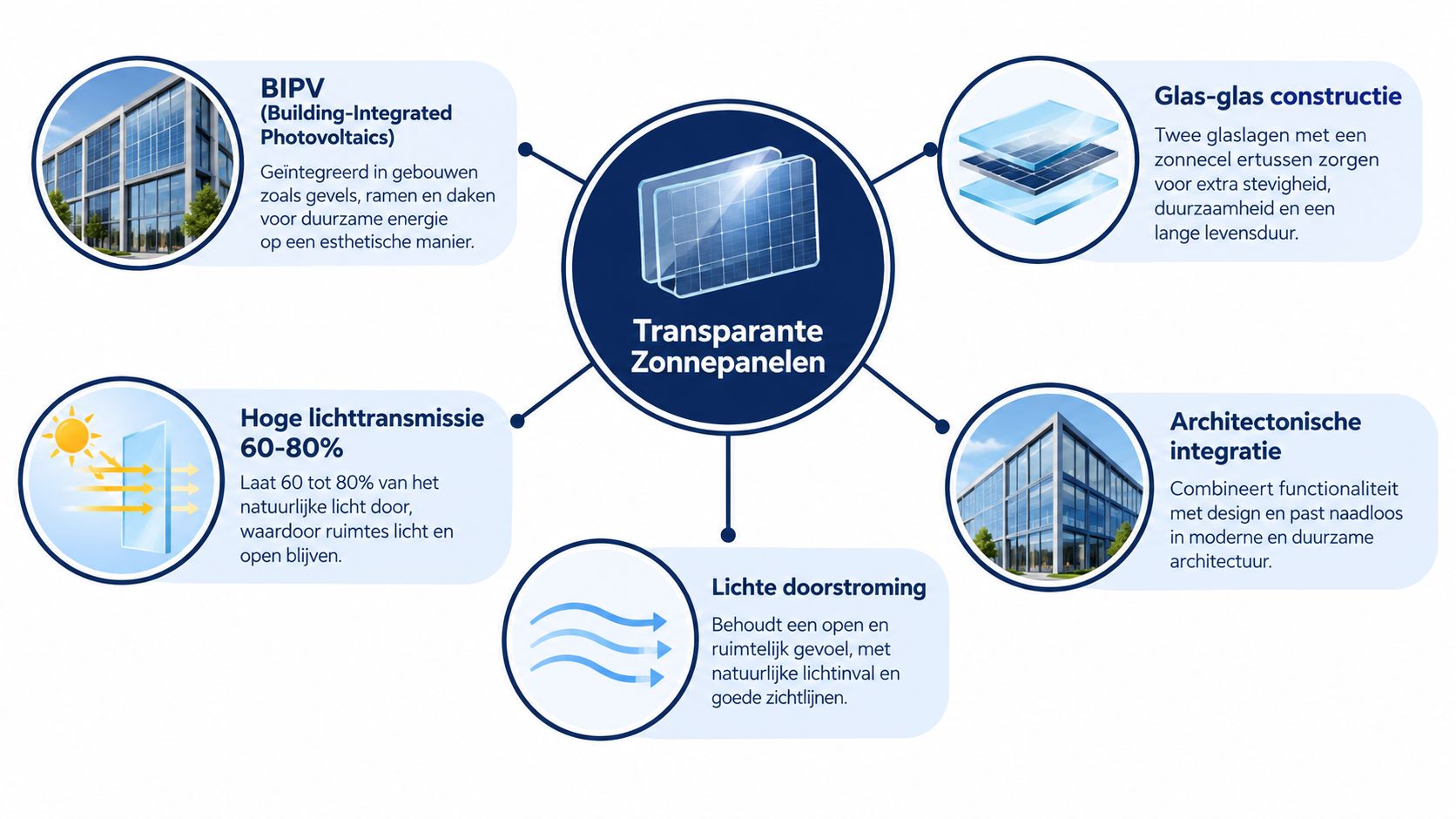 Een overzichtsdiagram over de voordelen en toepassingen van transparante zonnepanelen in moderne, duurzame architectuur.