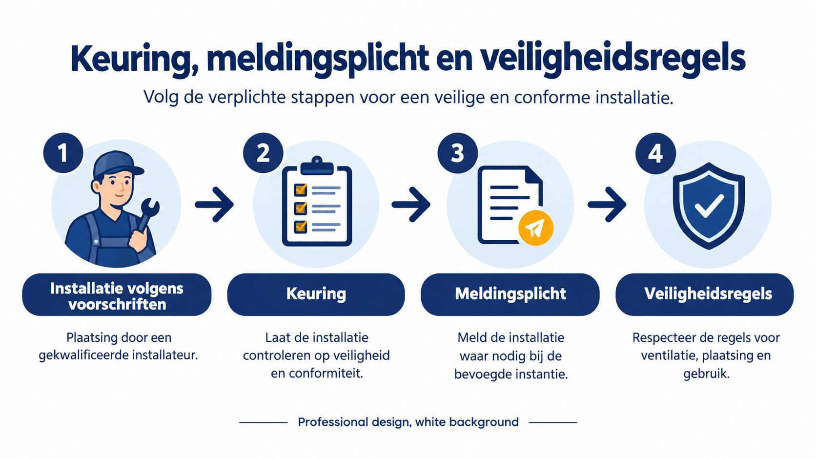 Een overzicht van vier stappen voor een veilige en conforme installatie van technische apparatuur door een vakman.