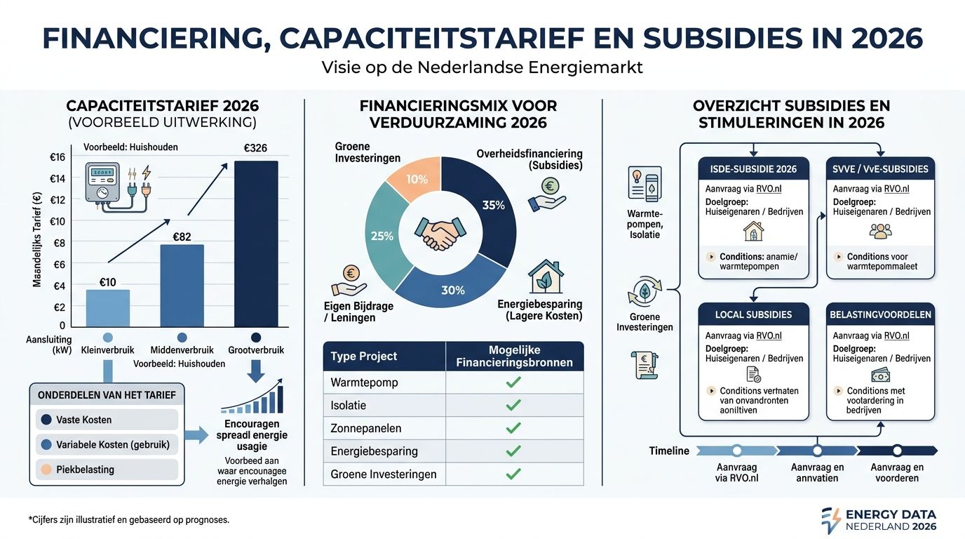 Een infographic over de financiering van de Nederlandse energiemarkt in 2026, inclusief capaciteitstarieven en verschillende subsidieregelingen voor verduurzaming.