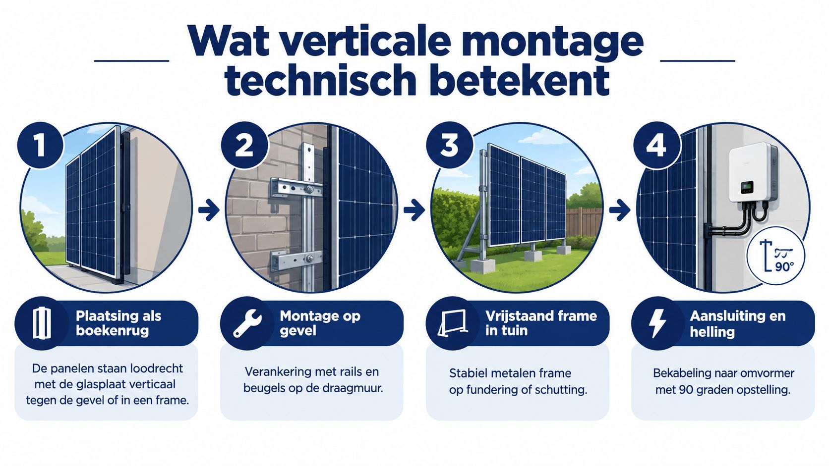 Een informatieve infographic over de technische aspecten van het verticaal monteren van zonnepanelen tegen gevels of frames.