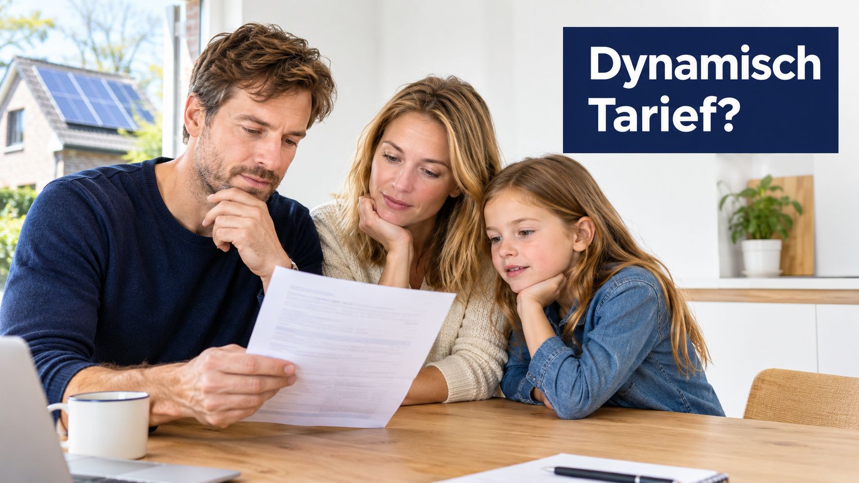 Een gezin dat aan een tafel naar een document kijkt in een lichte woonkamer.