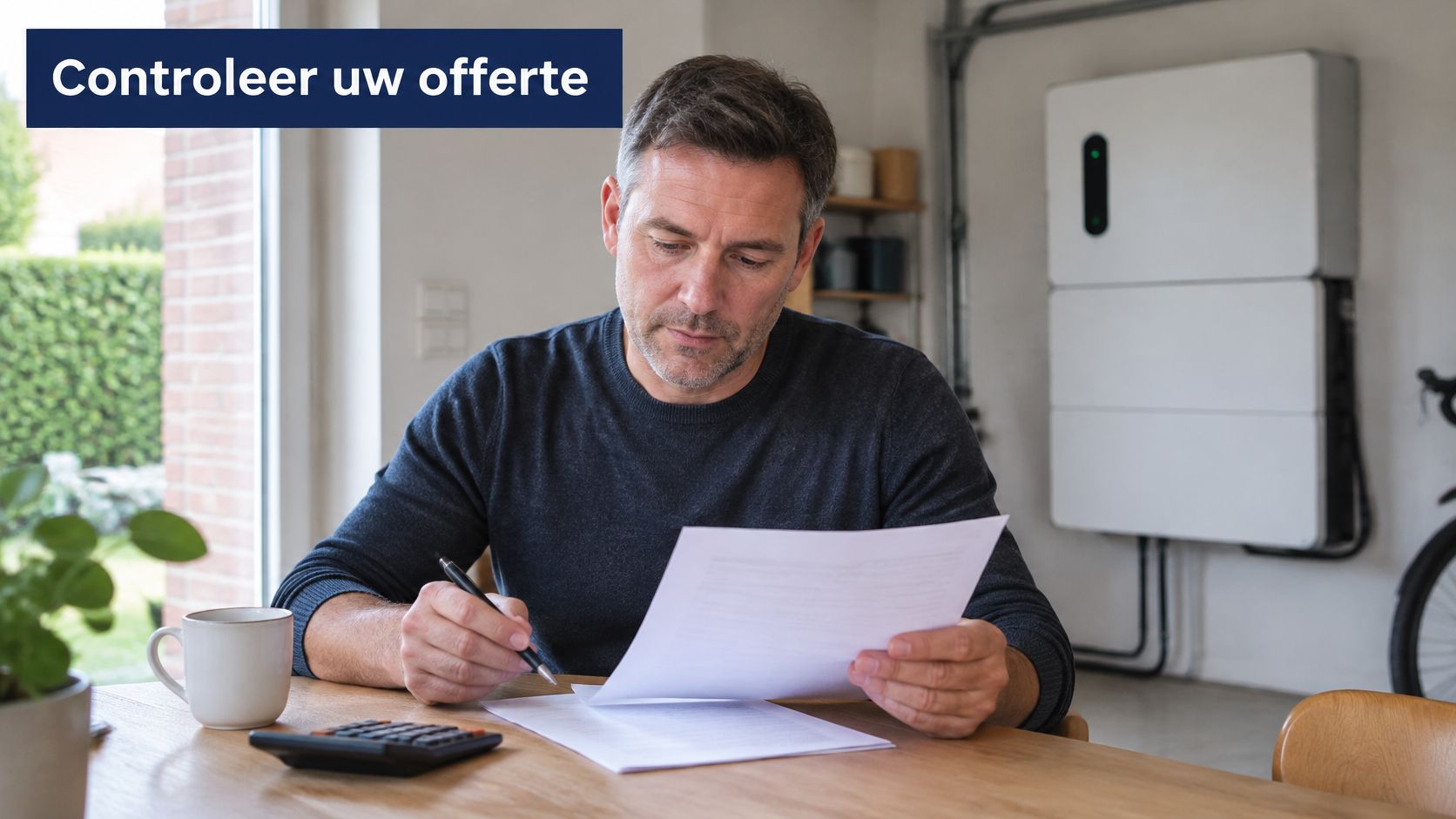 Een man aan tafel controleert een offerte met een rekenmachine en pen voor een batterij voor thuisgebruik.
