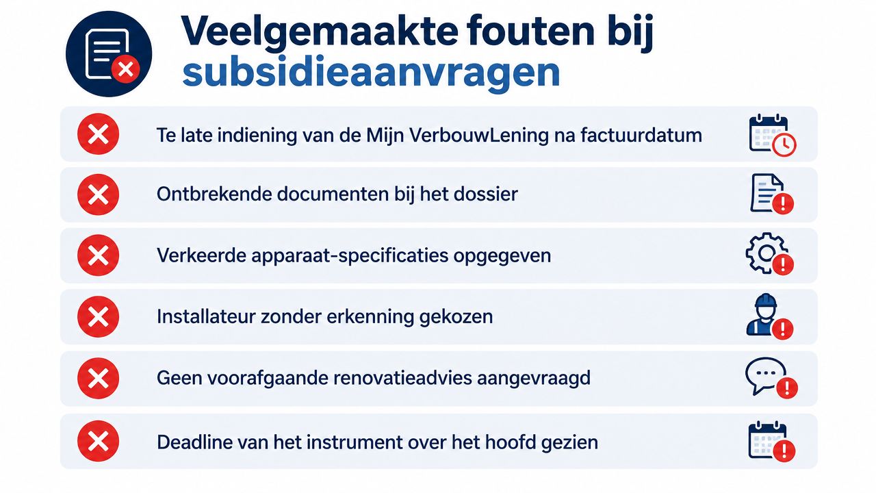 Een overzicht van veelgemaakte fouten bij het aanvragen van een subsidie voor woningverduurzaming en renovatie.