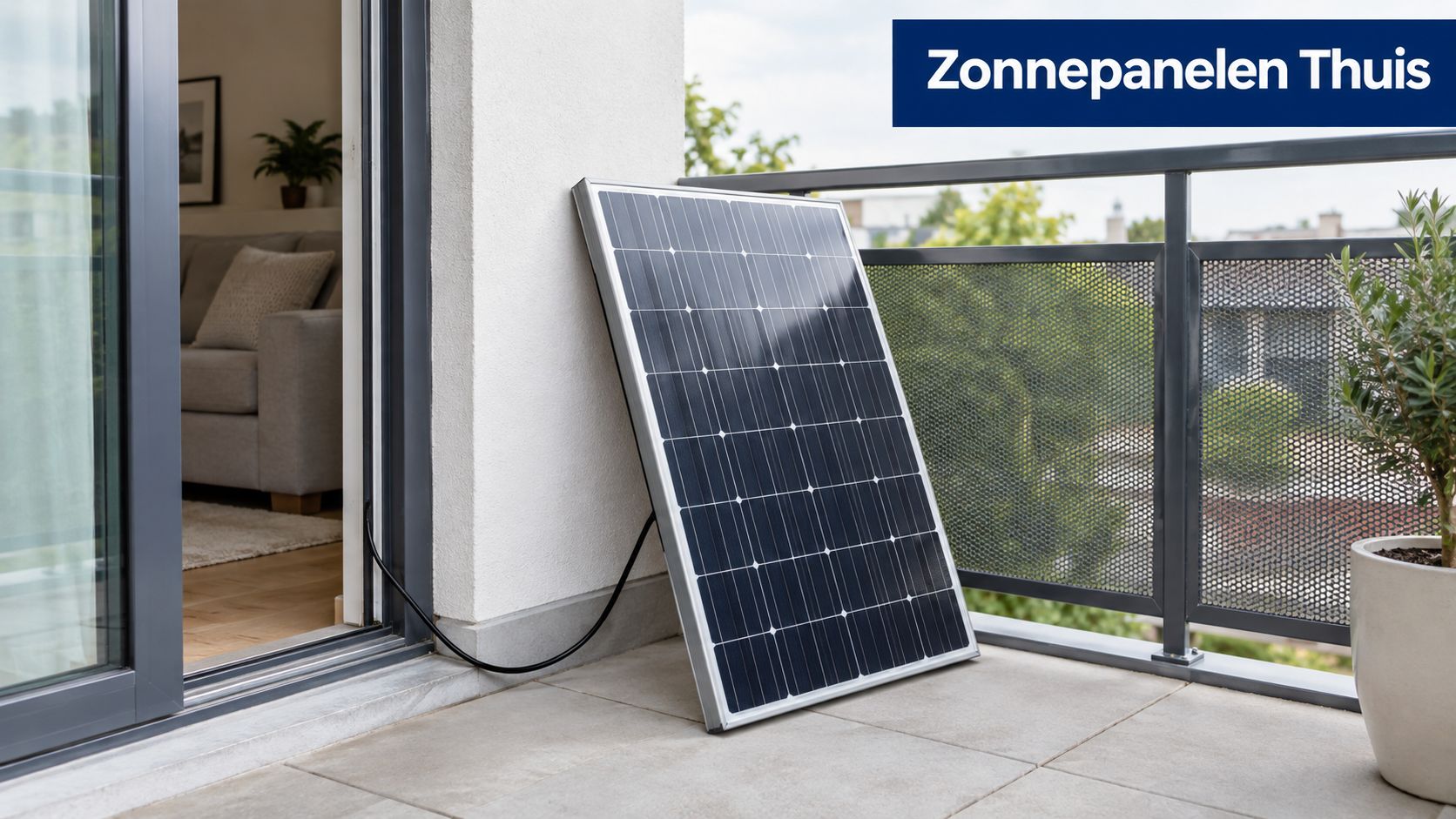 Een draagbaar zonnepaneel staat op een balkon en is aangesloten op het stopcontact in de woonkamer.