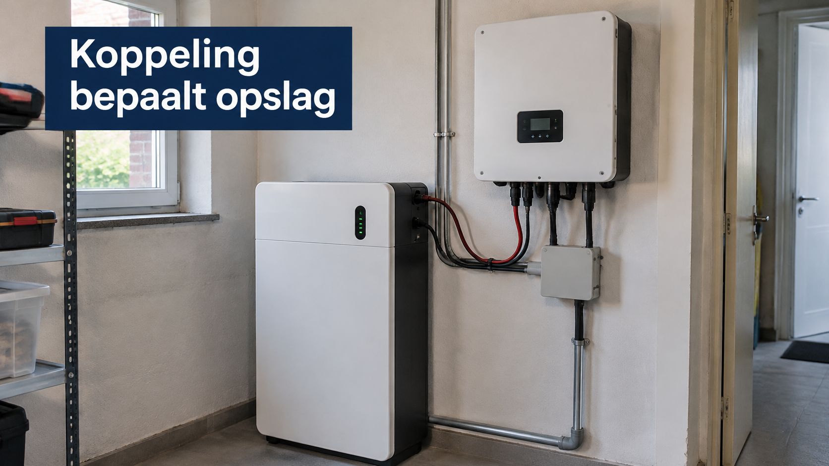 Een thuisbatterij verbonden met een omvormer aan de muur in een garage voor zonne-energie opslag.