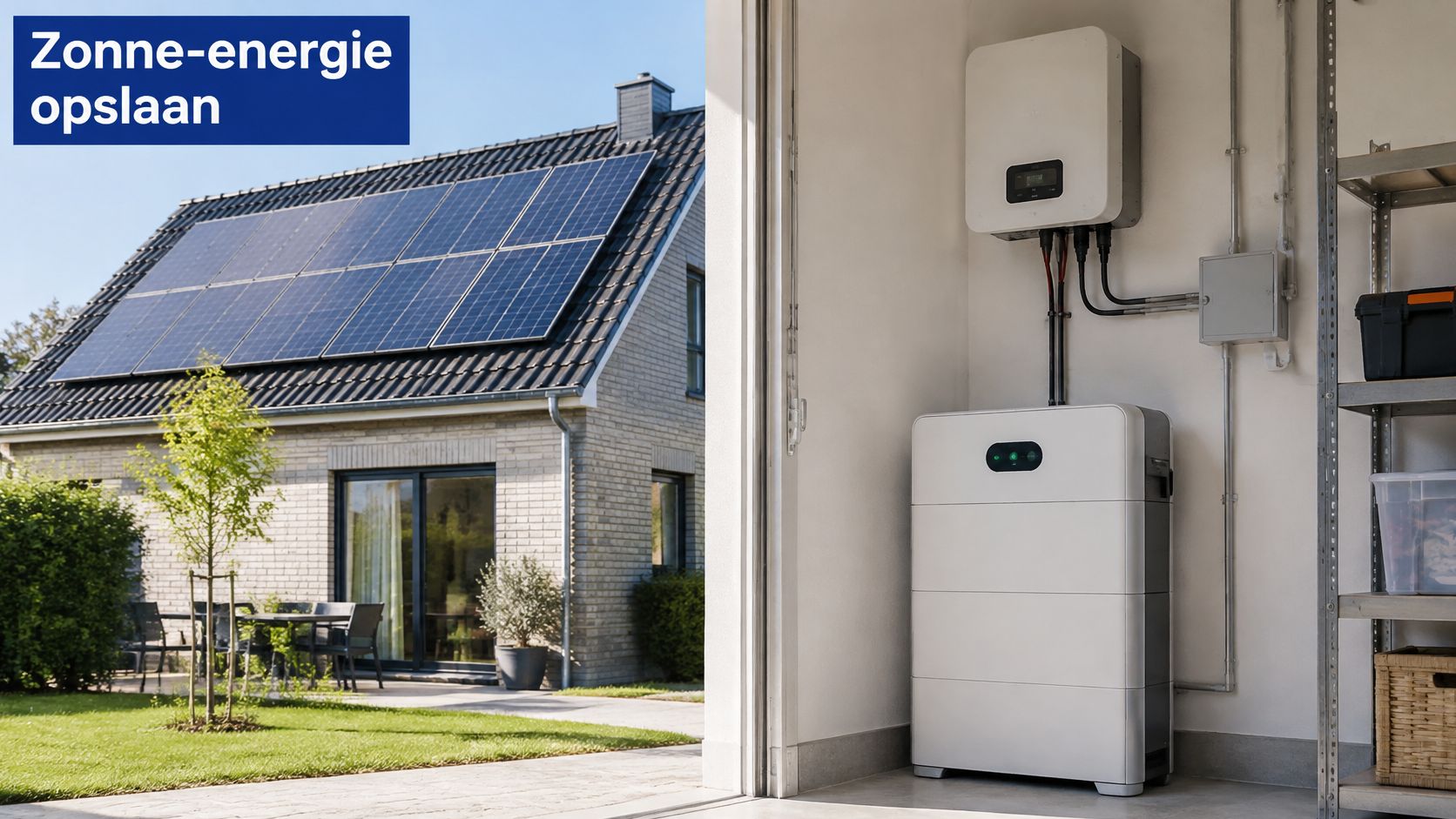Een huis met zonnepanelen op het dak en een energieopslagsysteem in een garage voor thuisgebruik.