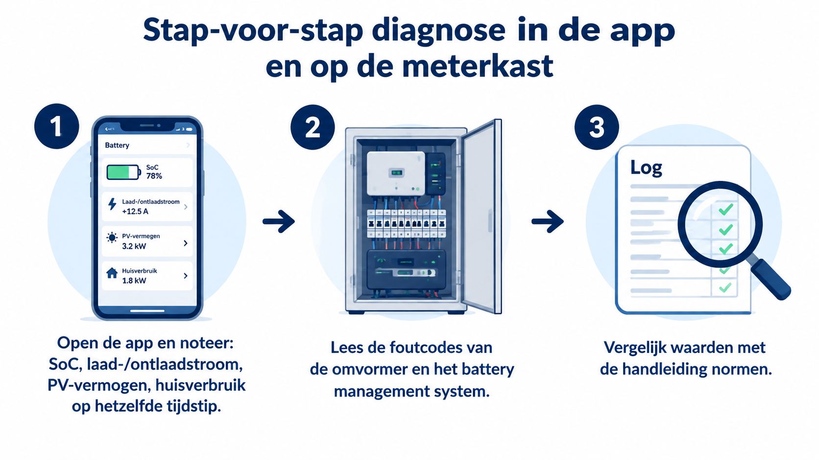 Stap-voor-stap instructies voor het diagnosticeren van een batterijsysteem voor zonnepanelen via de app en meterkast.