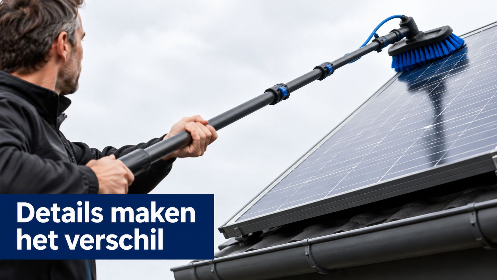 Een man reinigt zonnepanelen op een dak met een speciale lange telescopische borstel voor een optimaal rendement.