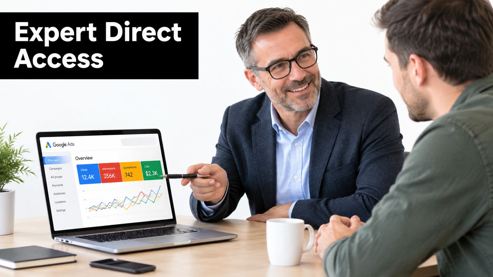 A professional Google Ads expert explains data analytics and advertising performance to a client on a laptop screen.