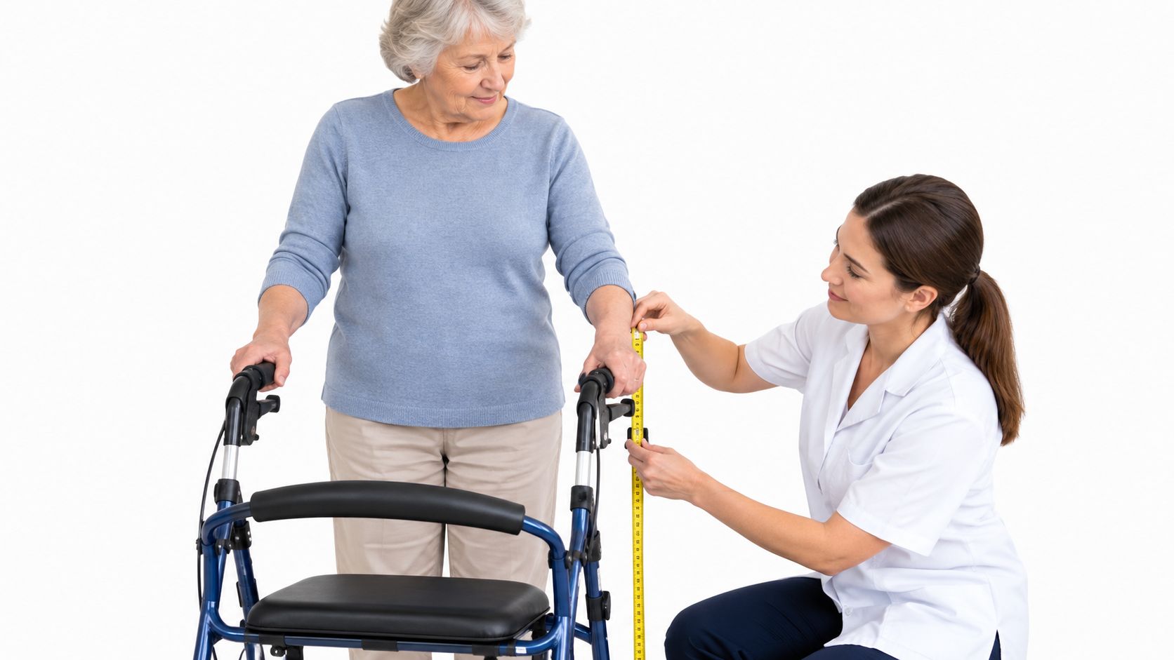 A healthcare professional measures the height of a rollator walker for an elderly woman in a studio.