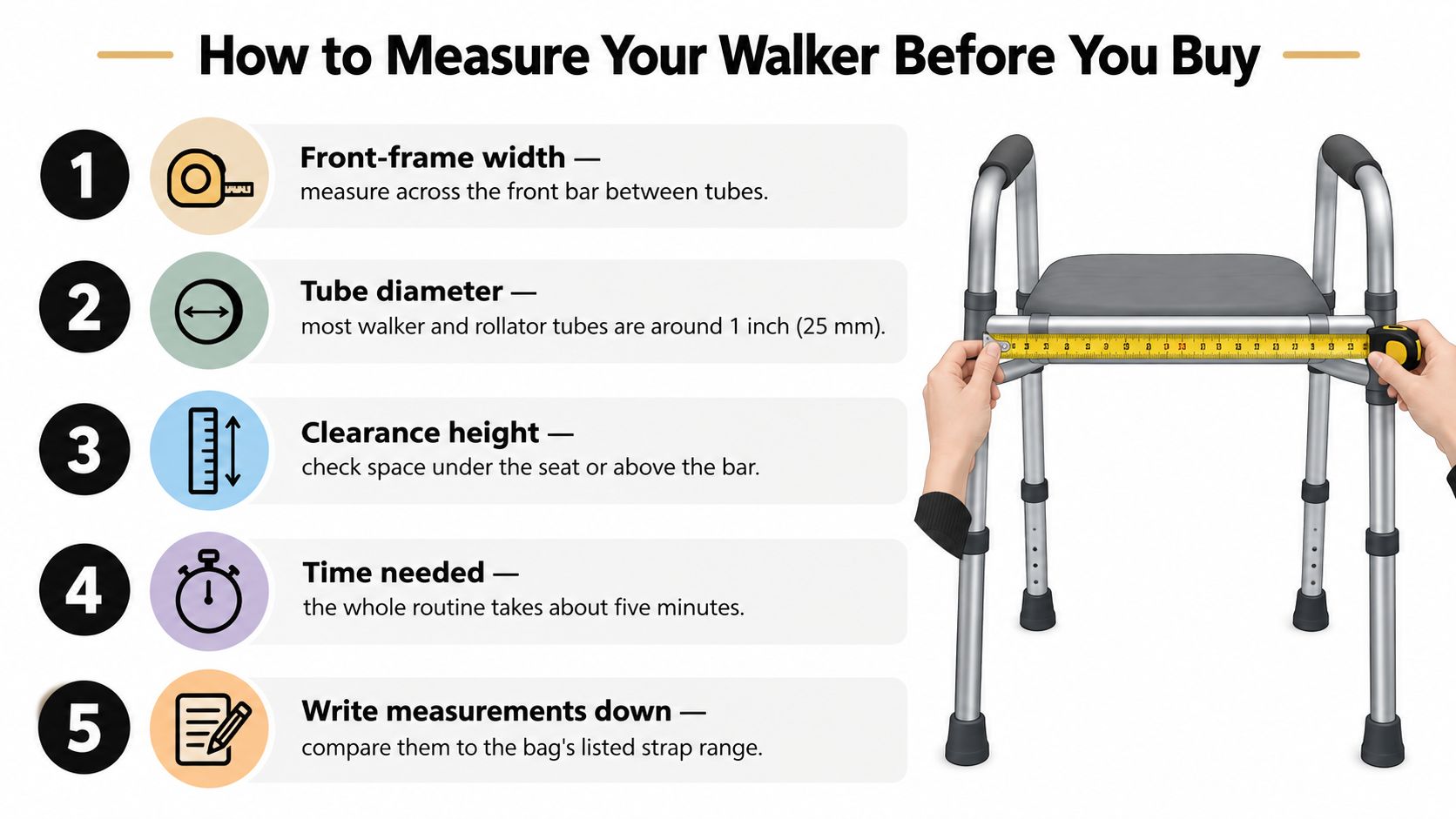A step-by-step infographic titled How to Measure Your Walker Before You Buy, showing how to measure a walker.