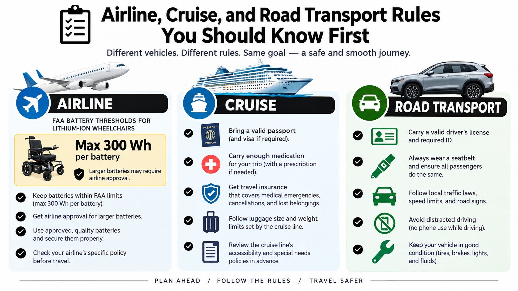 An infographic detailing essential safety and compliance rules for traveling by airplane, cruise ship, and road transport.