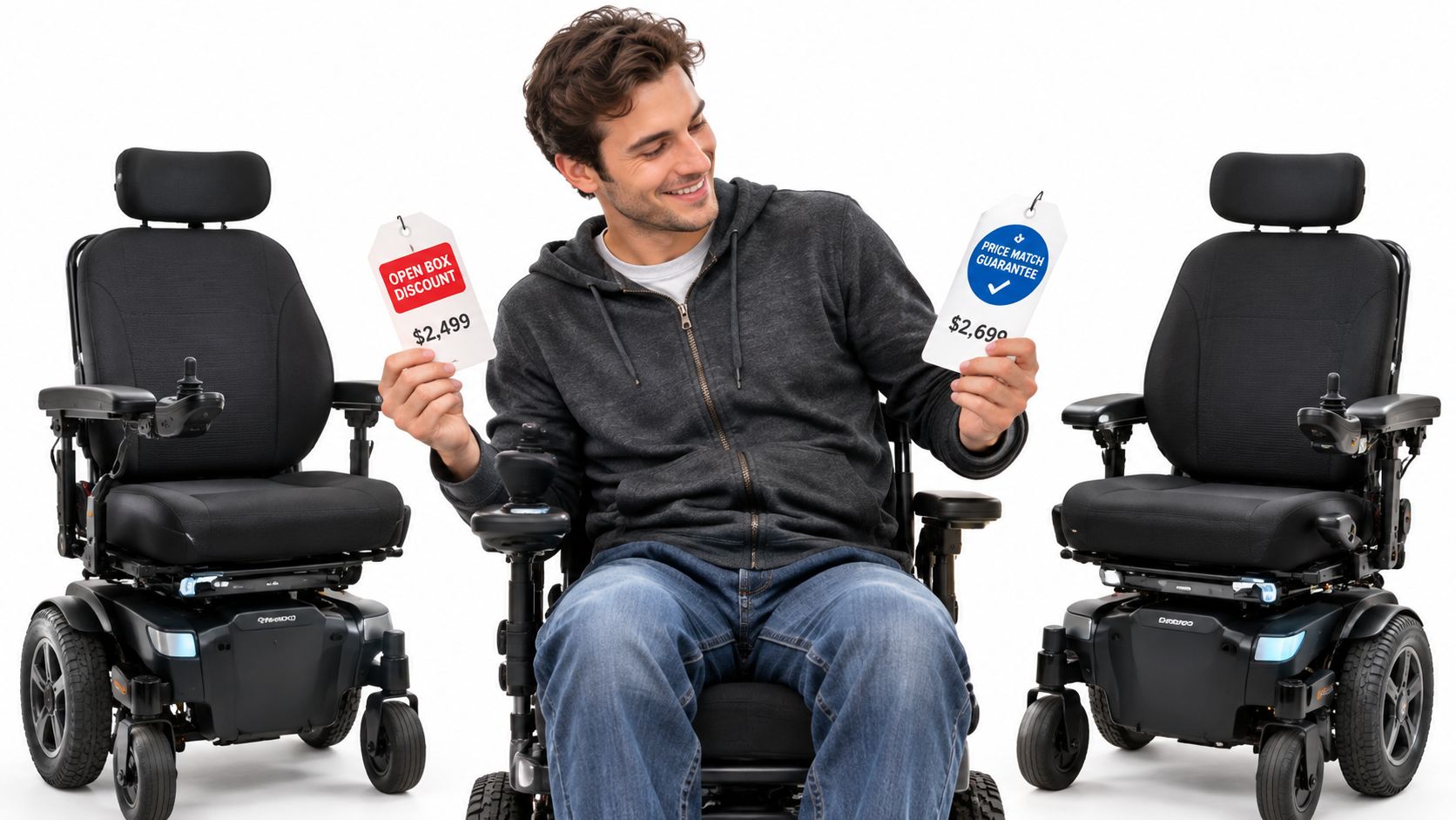 A smiling man sits in a power wheelchair comparing two price tags for electric mobility devices.
