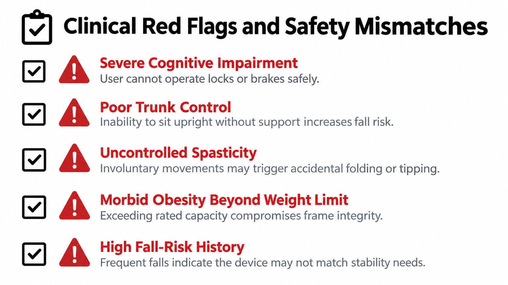 A list of five clinical red flags and safety considerations for choosing a wheelchair walker mobility device.