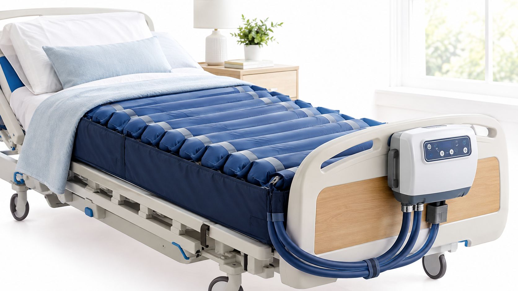 An alternating pressure mattress overlay with an attached air pump control unit on a hospital style bed.