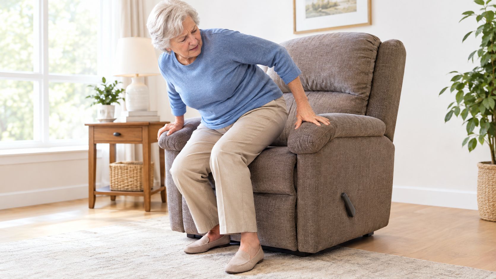 An elderly woman experiencing back pain while standing up from a comfortable brown fabric recliner chair.