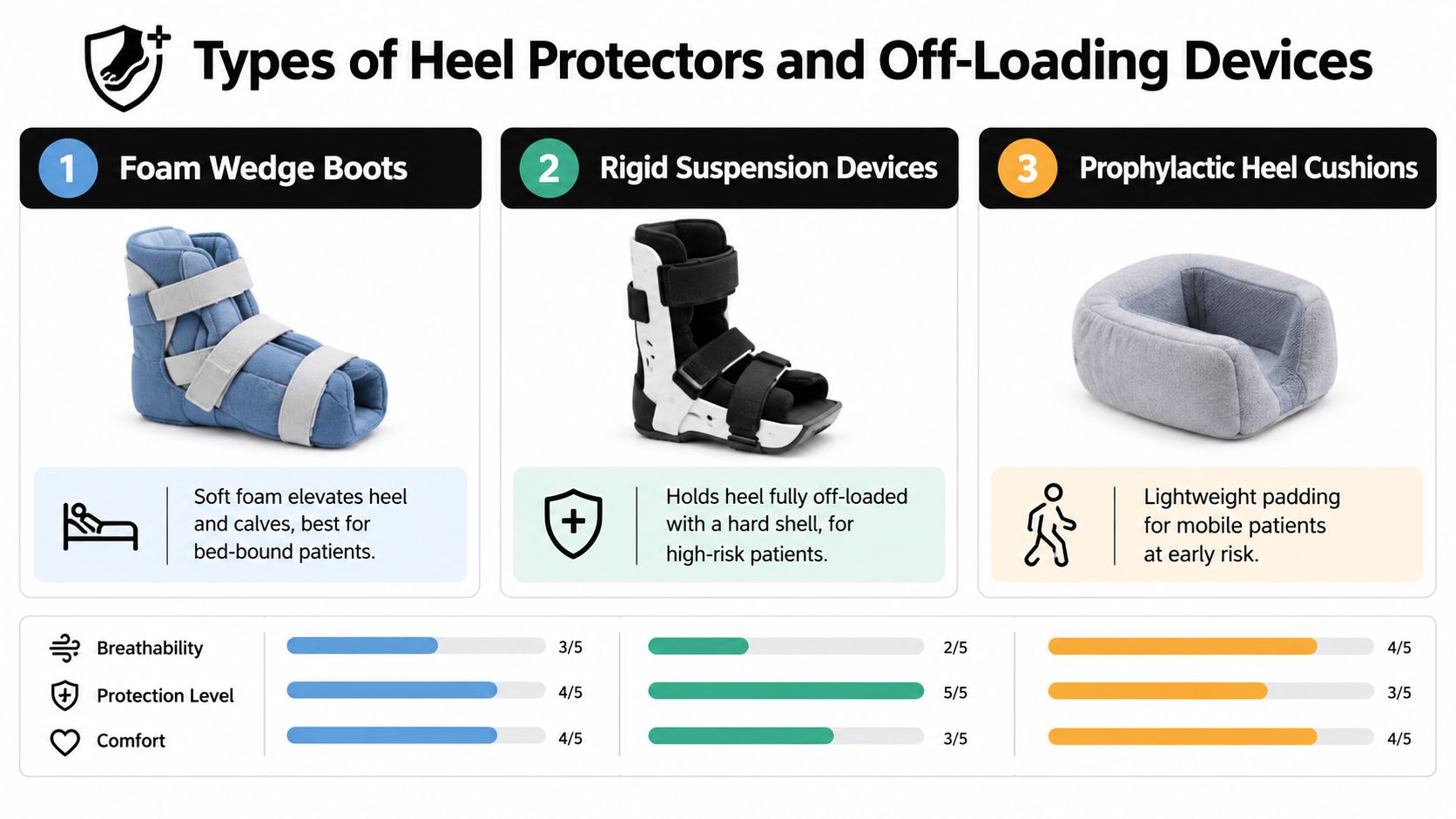 A comparison chart showing three types of medical heel protectors with their associated comfort and protection ratings.