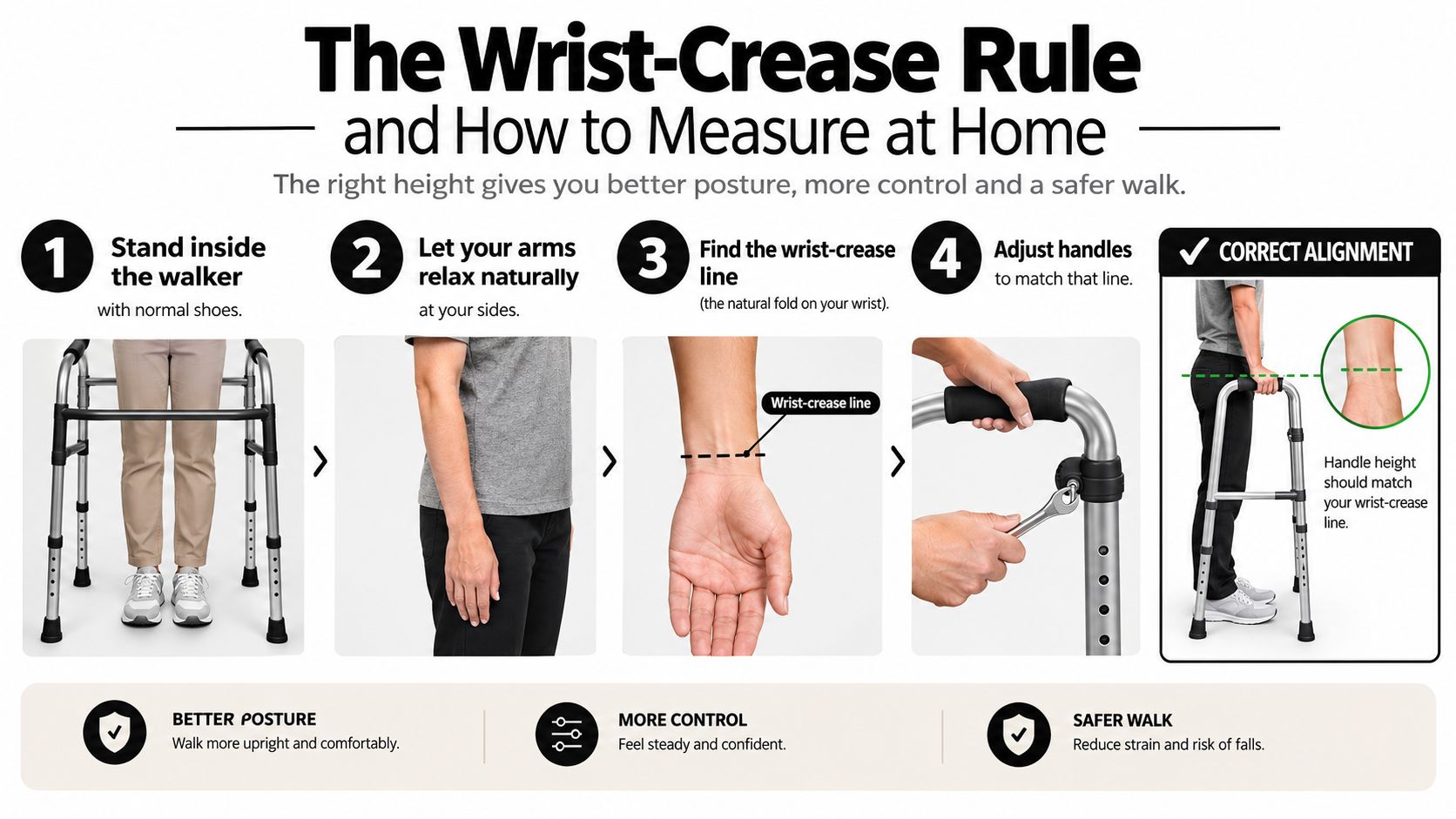 A four-step instructional infographic explaining the wrist-crease rule to properly adjust a walker for optimal height.