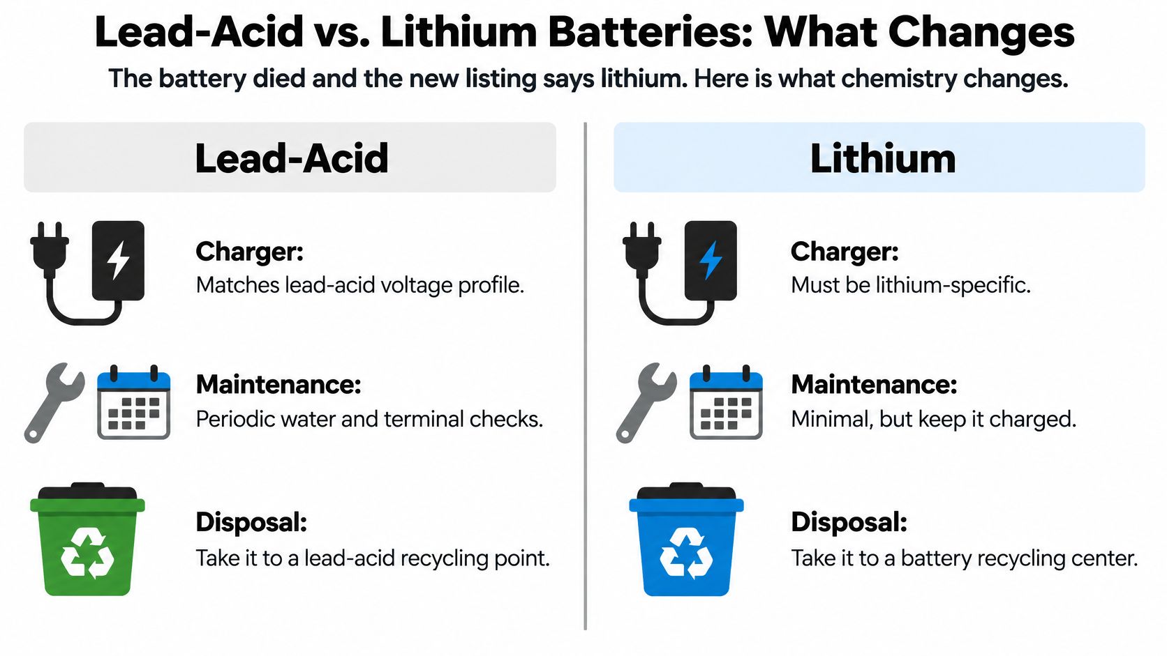 A comparison chart showing key differences between lead-acid and lithium battery charging, maintenance, and disposal requirements.