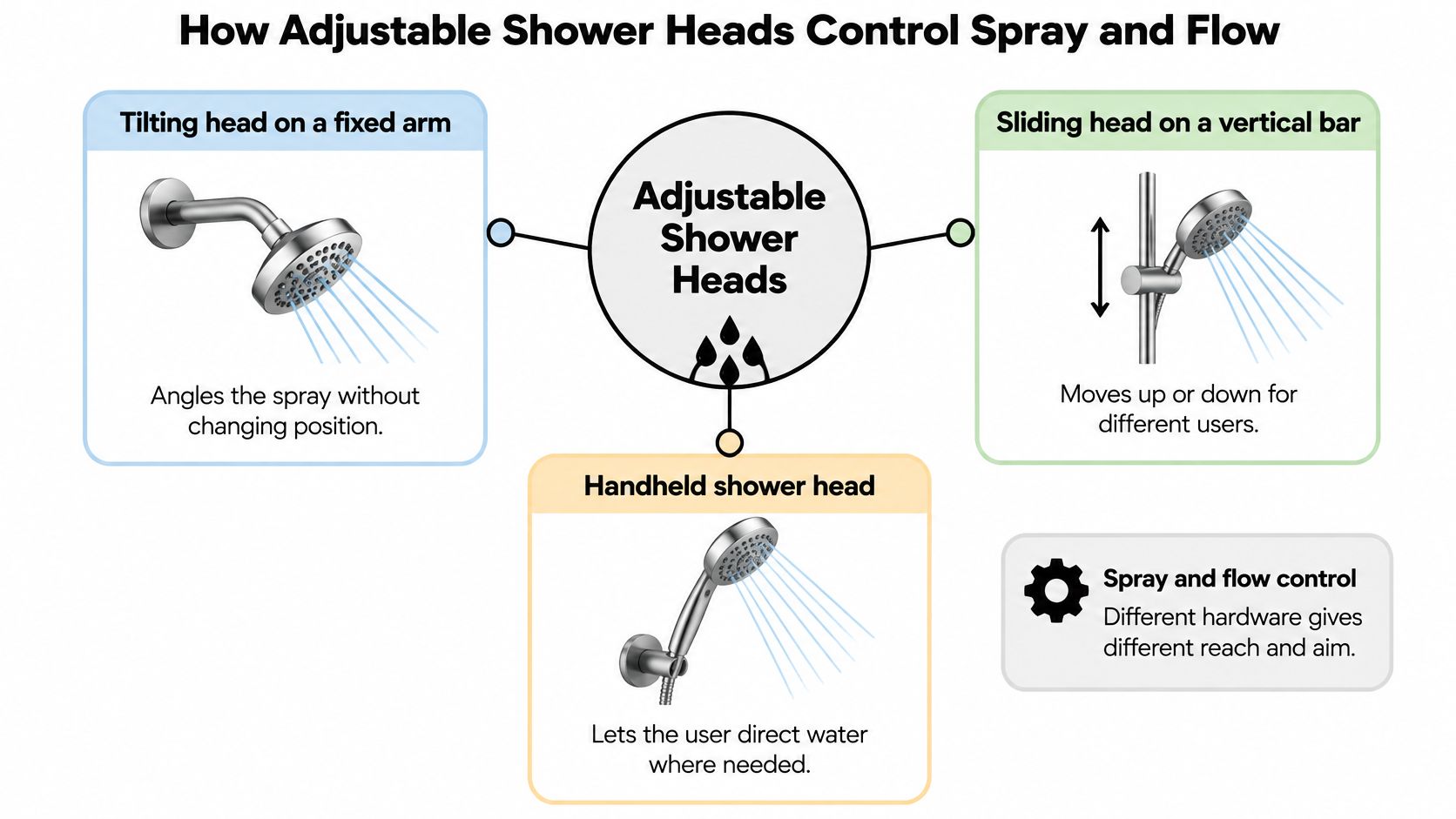 A diagram illustrating three different types of adjustable shower heads and their unique control features.