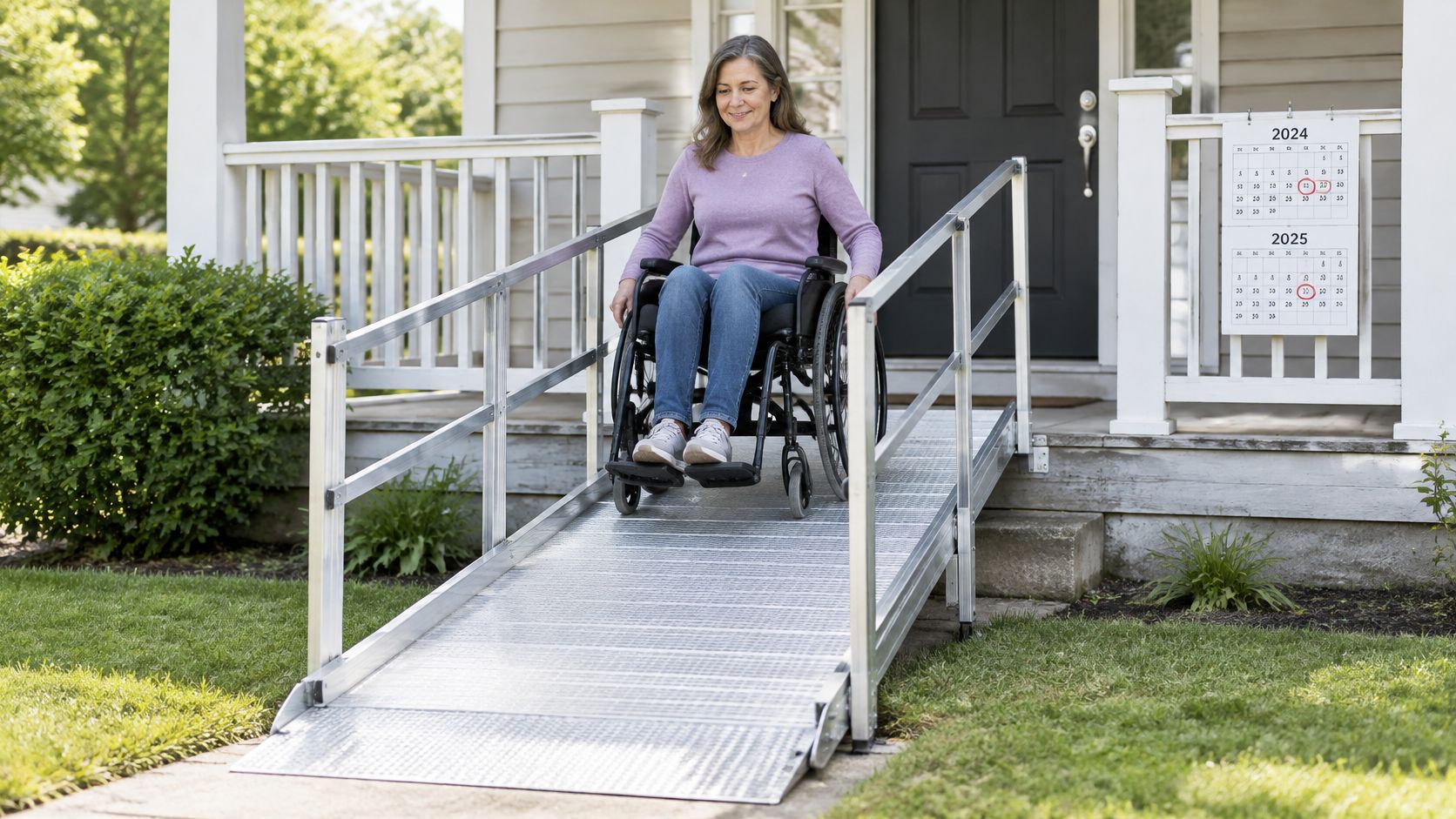 A smiling woman in a wheelchair using an aluminum ramp to exit her home safely.